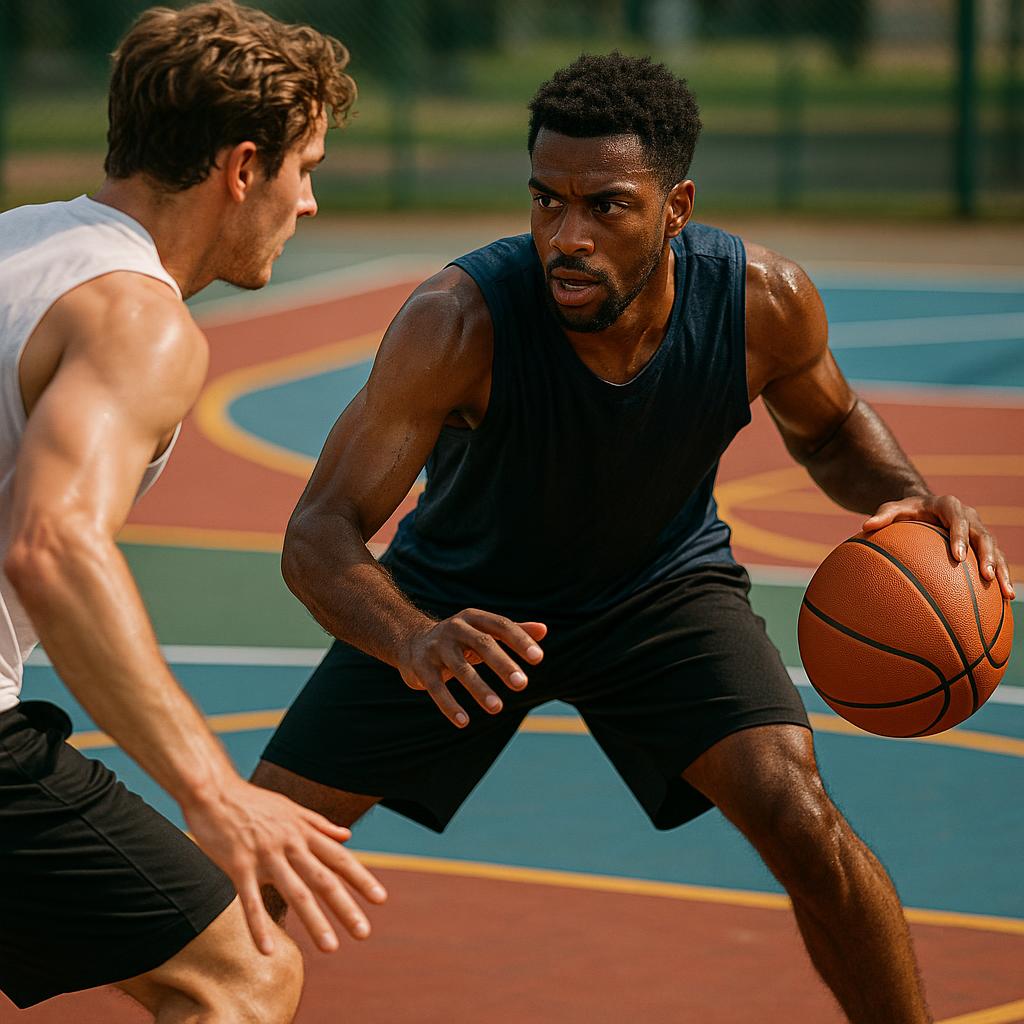Two basketball players practicing a 1-on-1 defensive drill demonstrating quick footwork on a vibrant court.