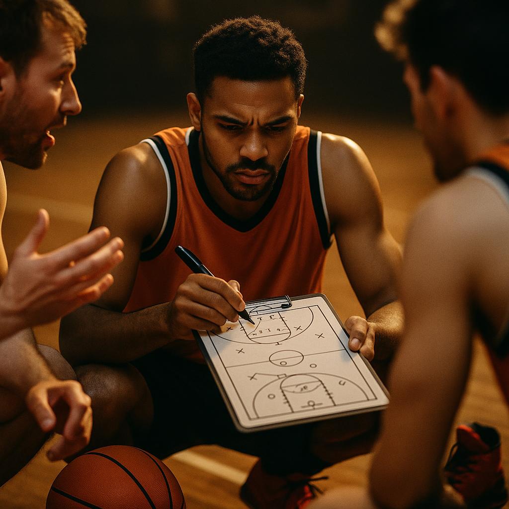 Basketball player analyzing a tactical board with teammates discussing strategy.