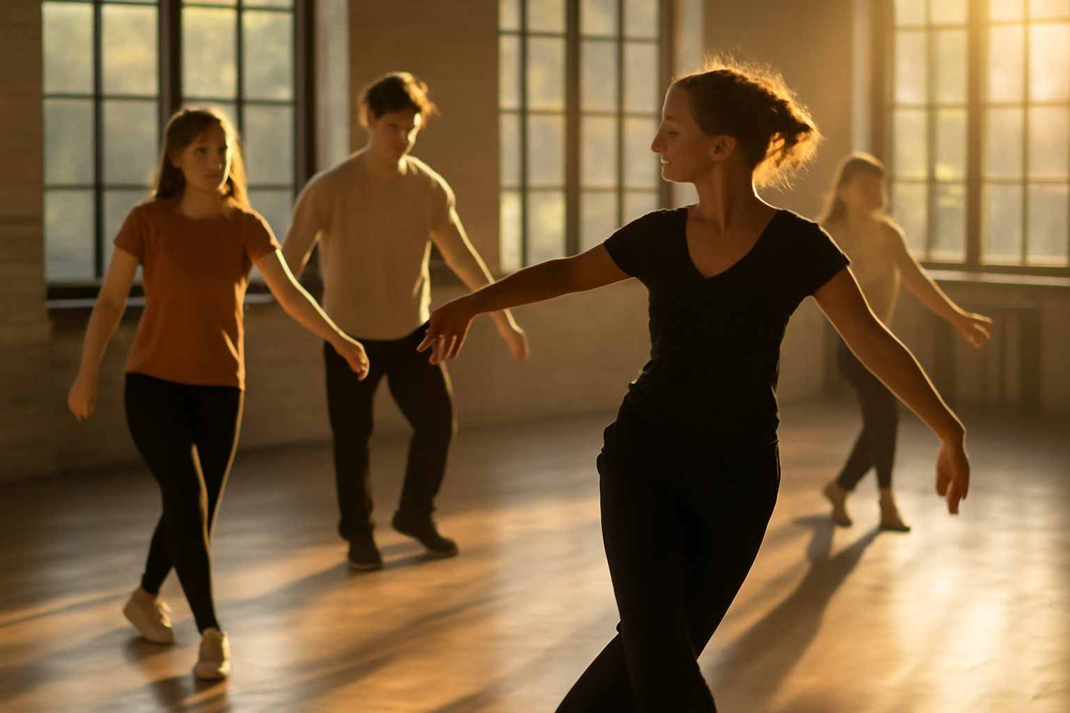 Brightly lit dance studio with beginners practicing dance steps under the guidance of an instructor.