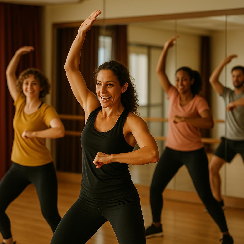 A group of beginners excitedly following a dance instructor in a mirrored studio, showcasing determination and enthusiasm.