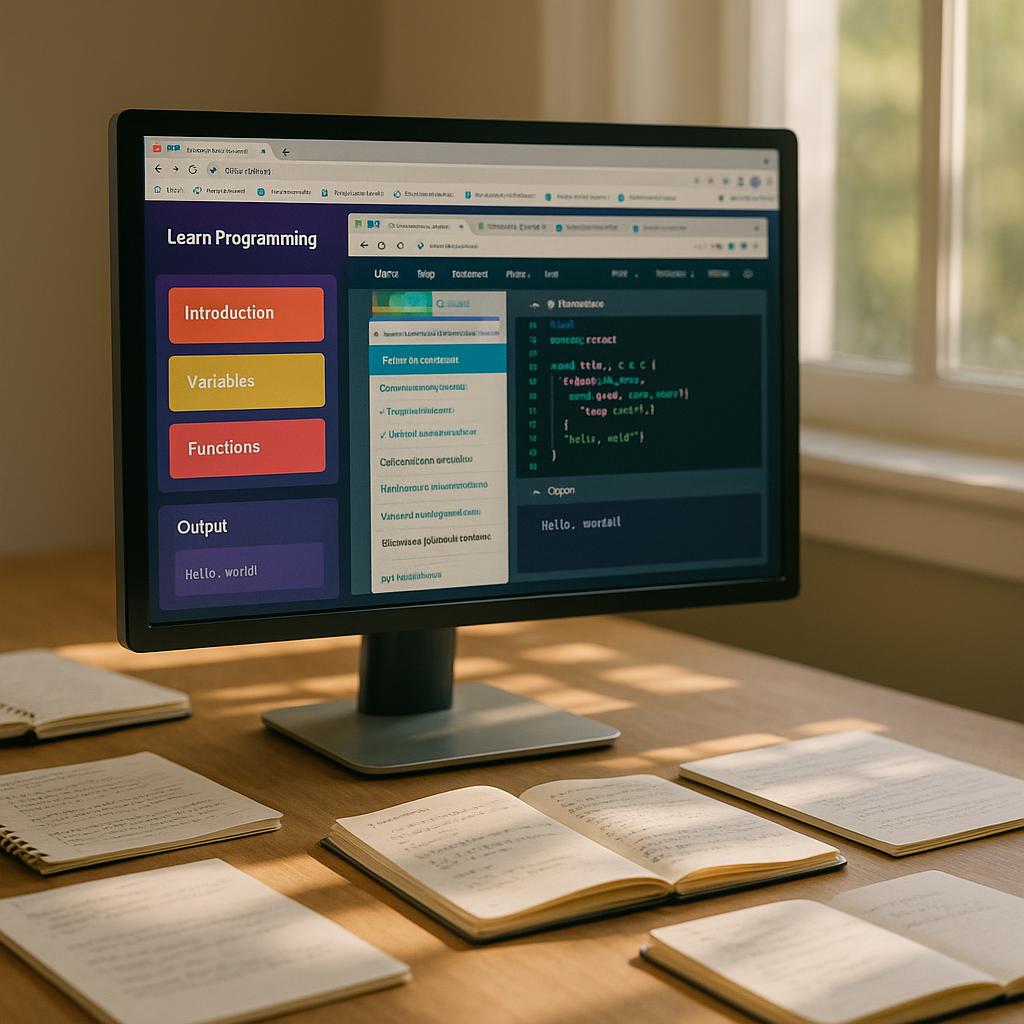 Bright workspace with a computer screen showing coding tutorials and scattered notebooks in natural light.