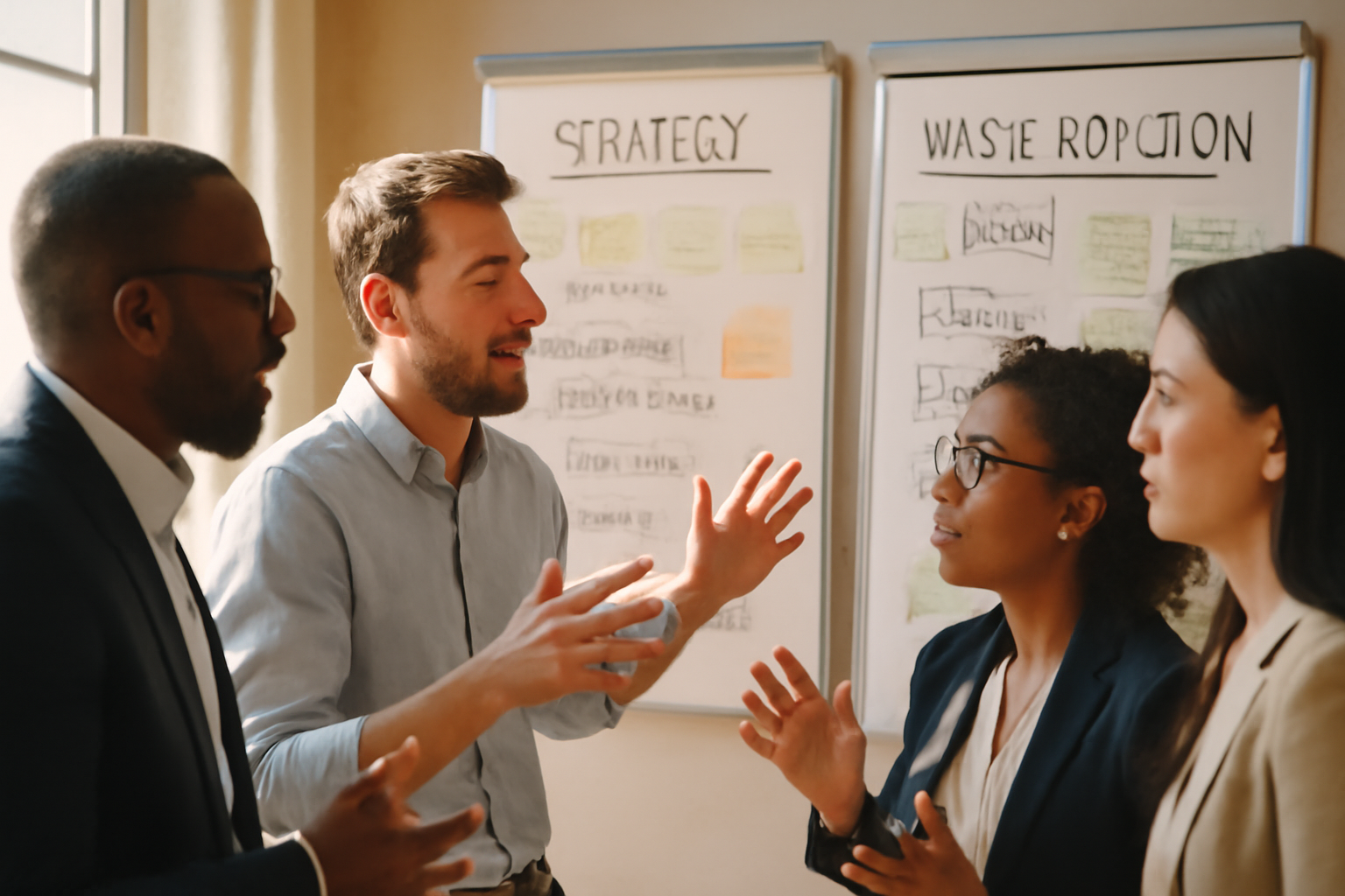 Collaboration Meeting on Waste Reduction Strategies Diverse business professionals brainstorming strategies in a meeting room for waste reduction collaboration