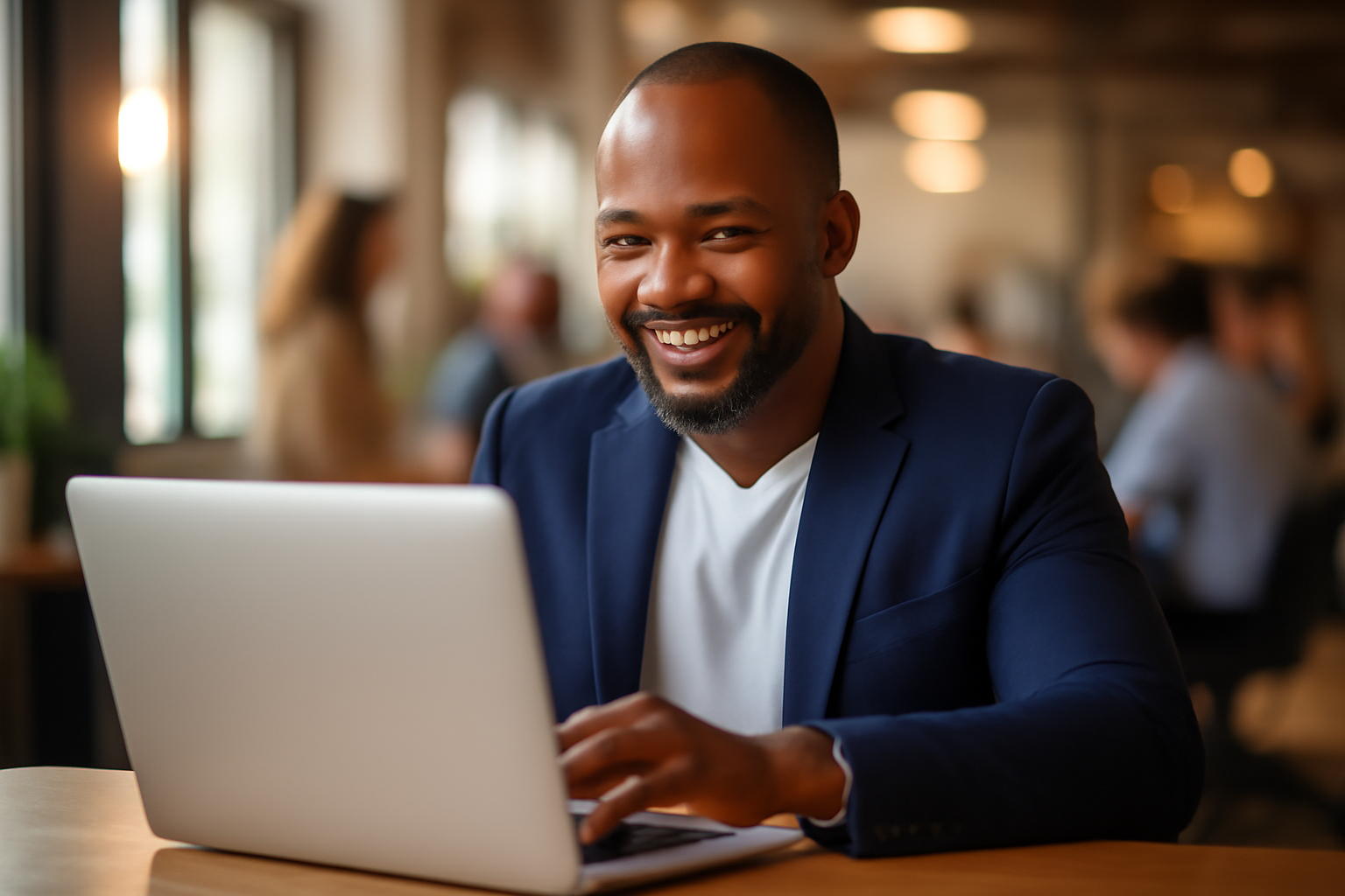 Smiling business owner reviewing successful online campaign on laptop in busy workspace