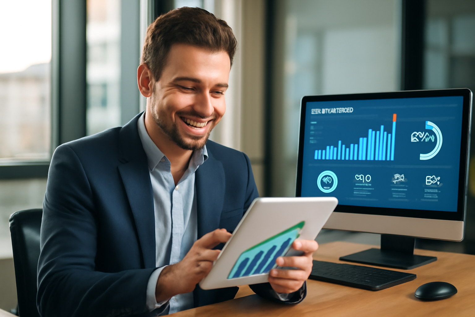 Thriving Business Owner Reviewing Sales Metrics Business owner happily reviewing increased sales on a tablet in a modern office, with social media metrics displayed.