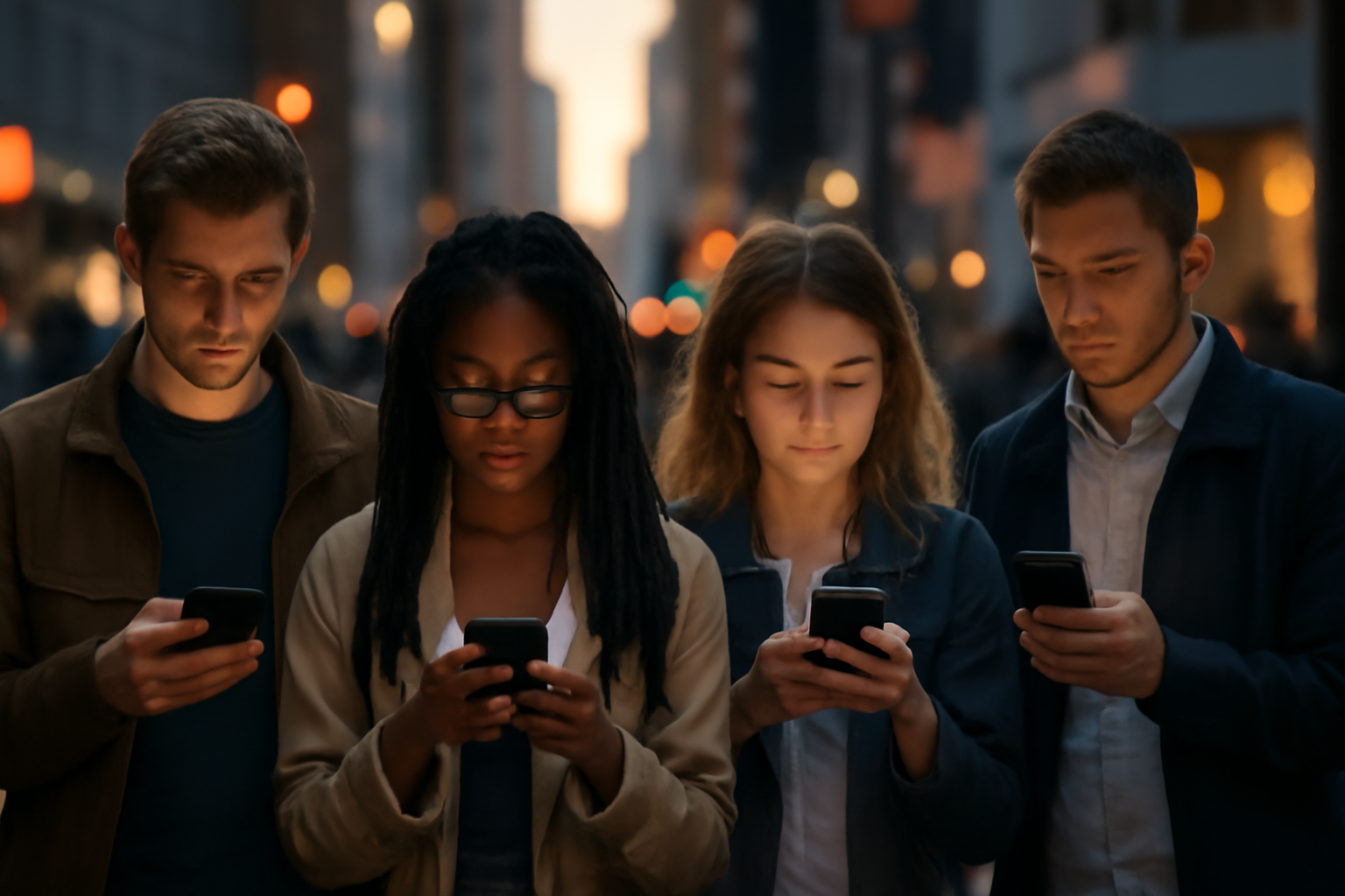 Diverse people in a bustling city street engaged with smartphones, illuminated by their screens.