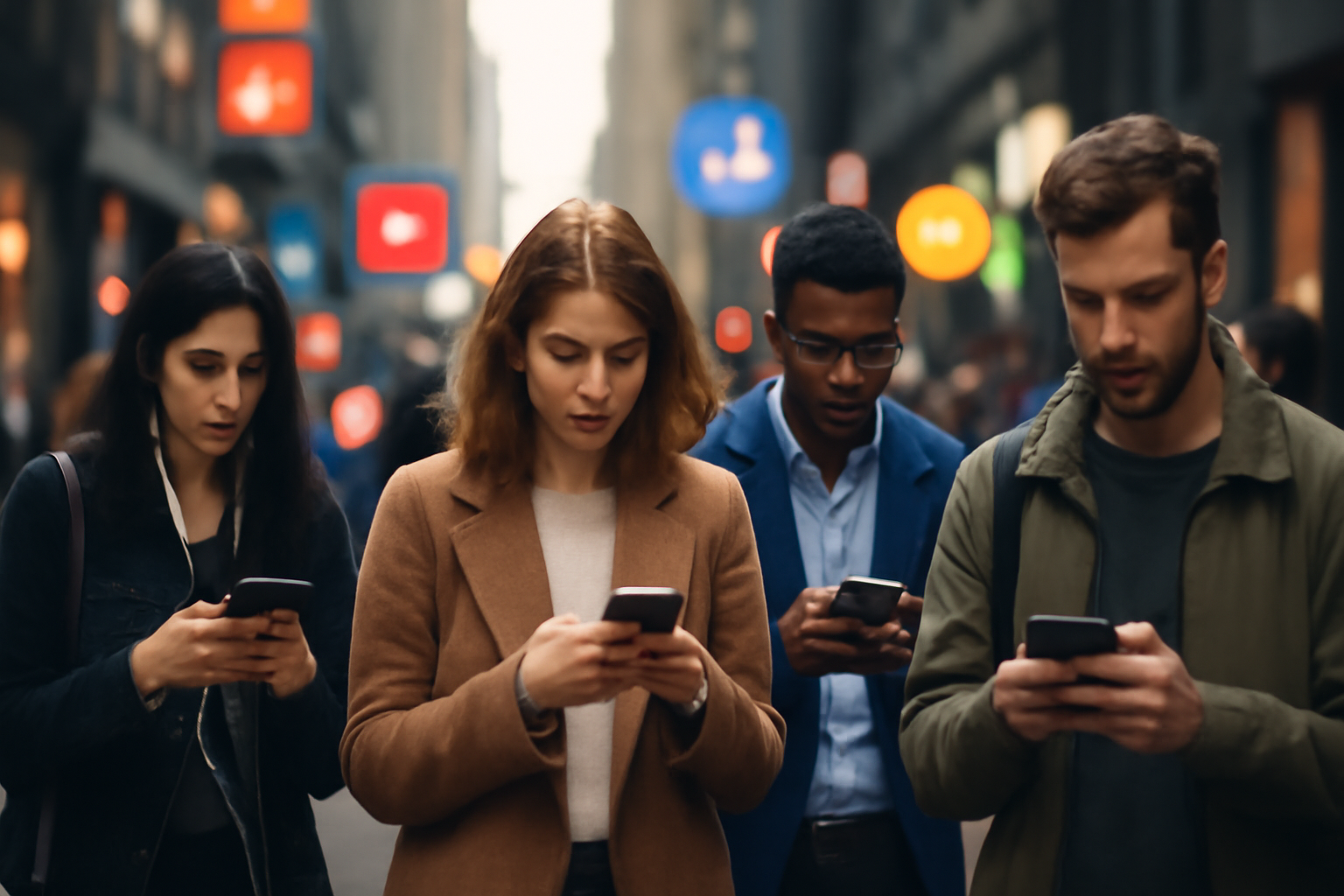 A bustling city street filled with diverse people using smartphones, with vibrant social media icons integrated into the scene.