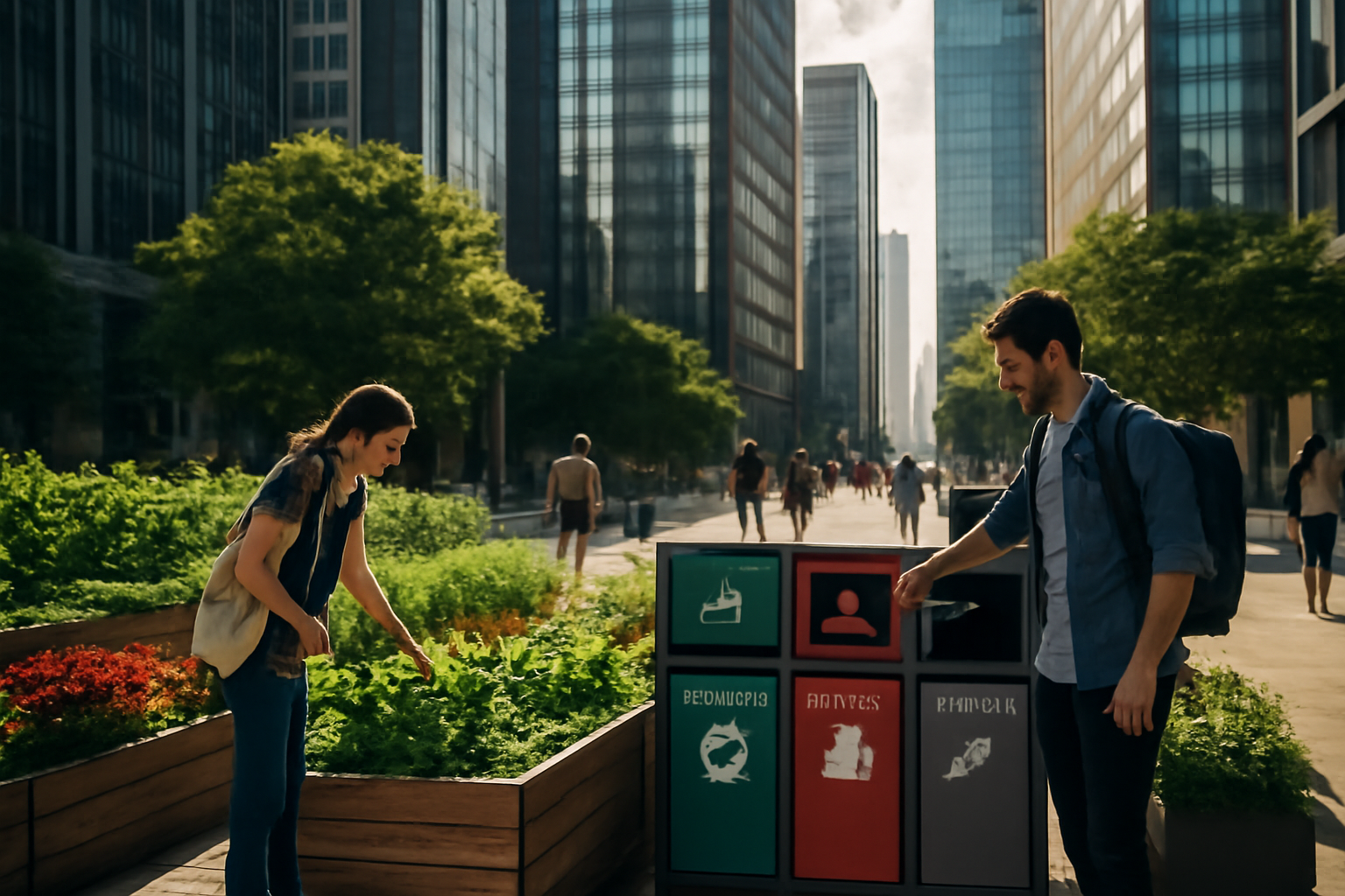 bustling-cityscape-with-green-initiatives A vibrant cityscape showcasing green initiatives, including recycling bins and urban gardens, illustrating community engagement in sustainability and waste reduction.