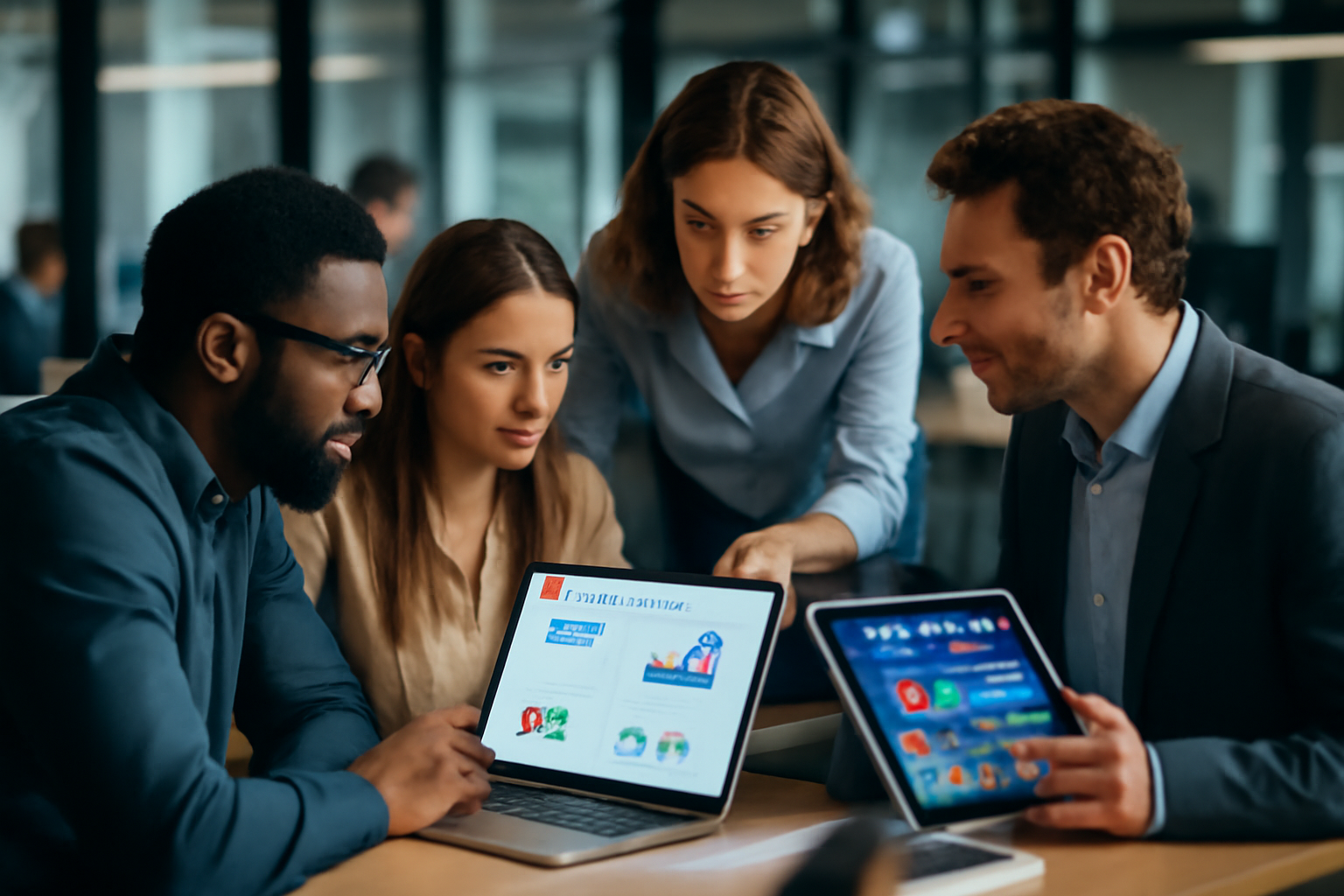 A modern office environment with professionals collaborating and analyzing digital data on screens, illustrating digital marketing strategies.