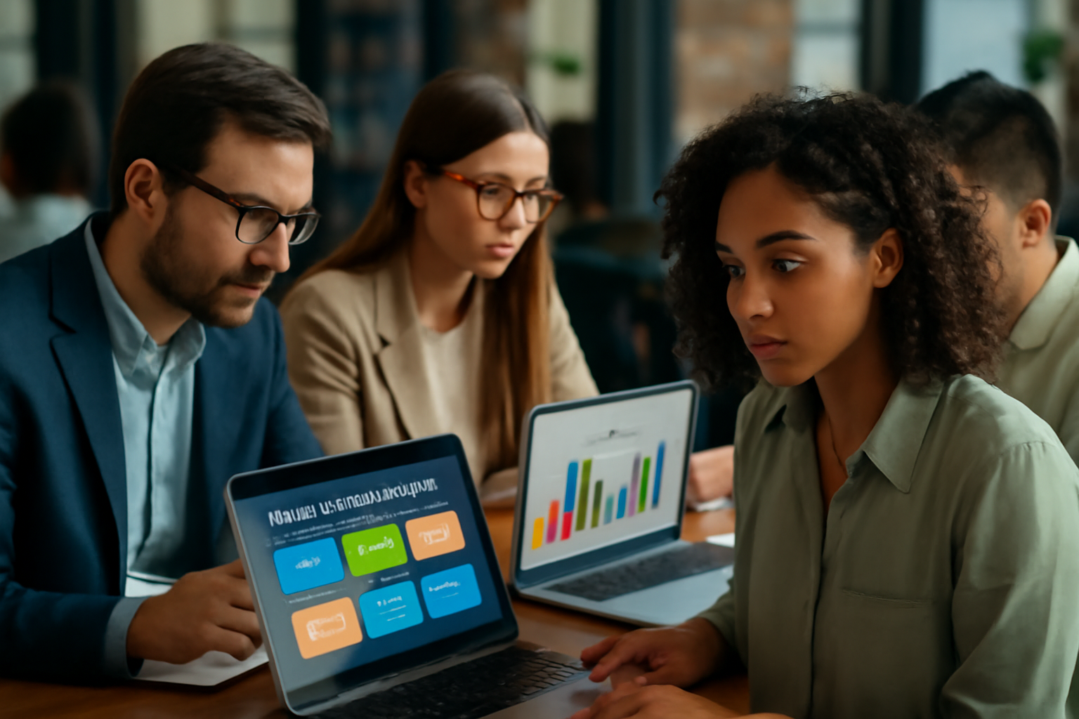 Diverse professionals working in a modern office, analyzing digital marketing data with graphs on screens.