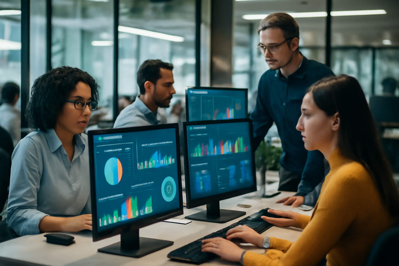 Diverse marketing professionals analyzing data in a contemporary office environment with AI technology integration.