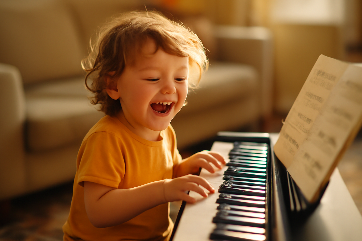 A happy child playing notes on a keyboard while sheet music is opened nearby in a cozy home setting.