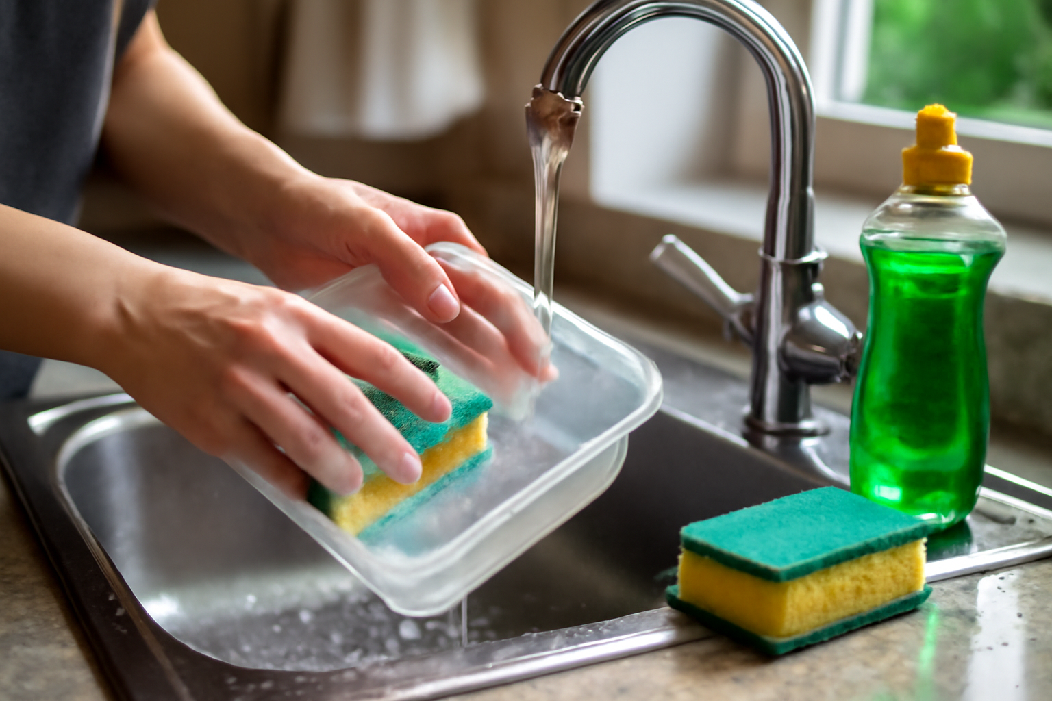 Close-up of a kitchen sink with a person rinsing food containers, bright dish soap and sponges highlighting cleanliness