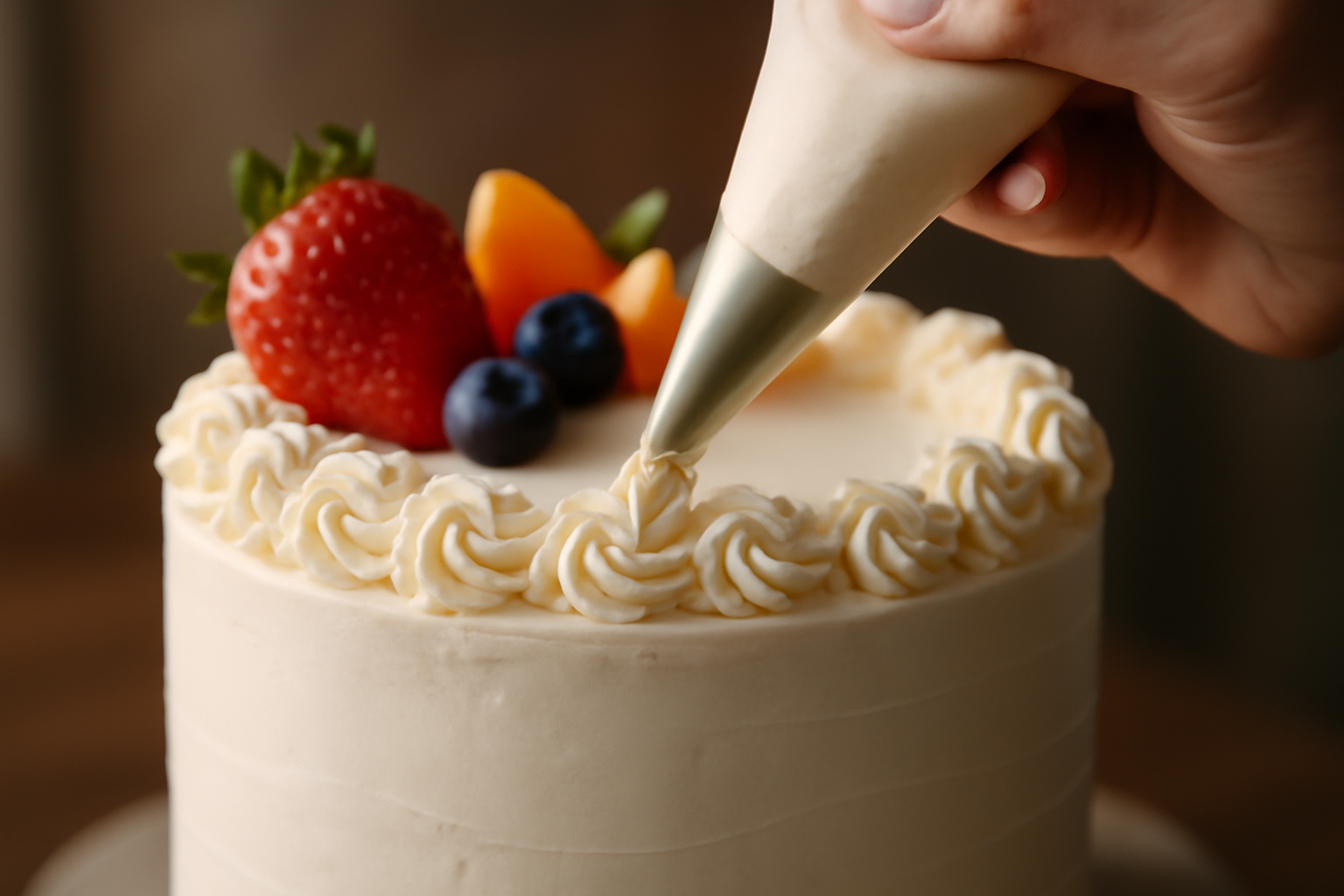 Close-up of a beautifully iced cake being decorated with intricate designs and fresh fruits using a piping bag