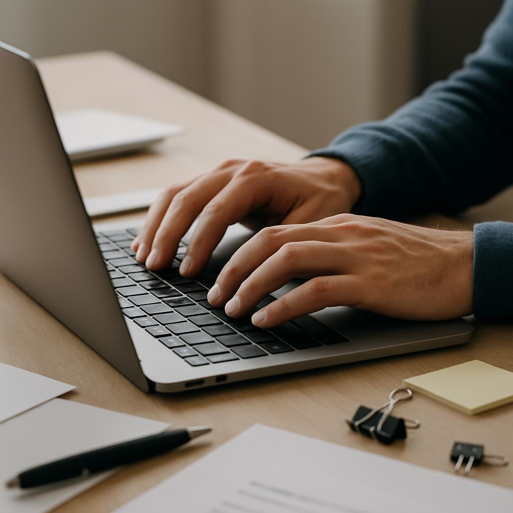 Person typing on a laptop surrounded by office supplies, illustrating the blend of language and technology in a modern workspace.