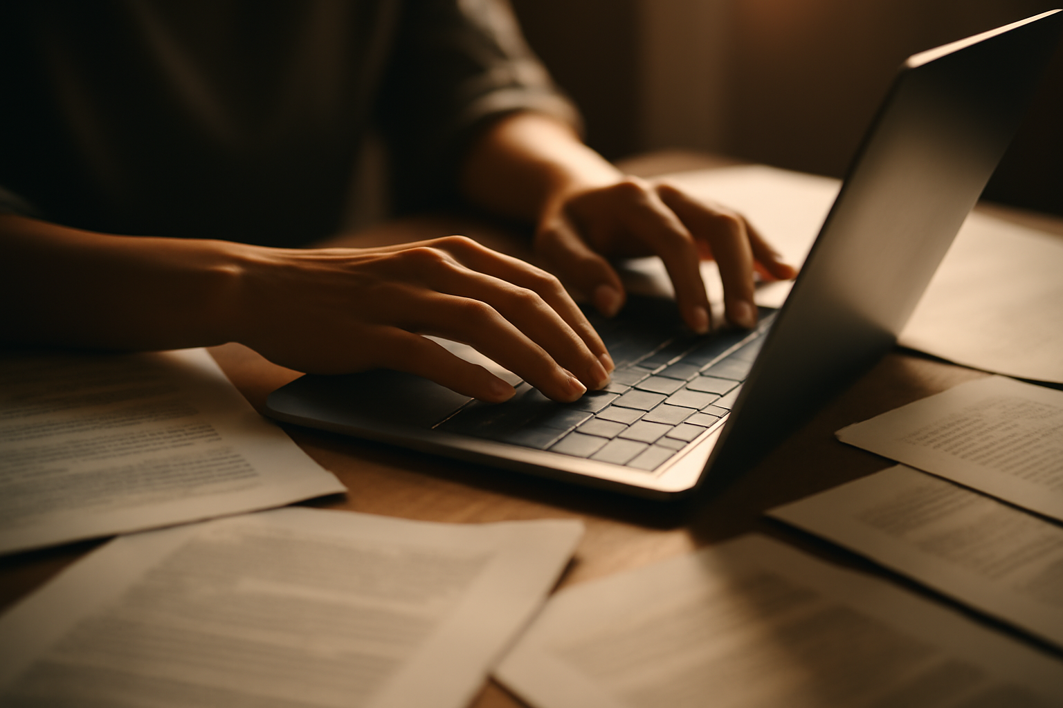 Close-up of hands typing on a laptop surrounded by scattered pages of a first draft, illustrating the writing process.