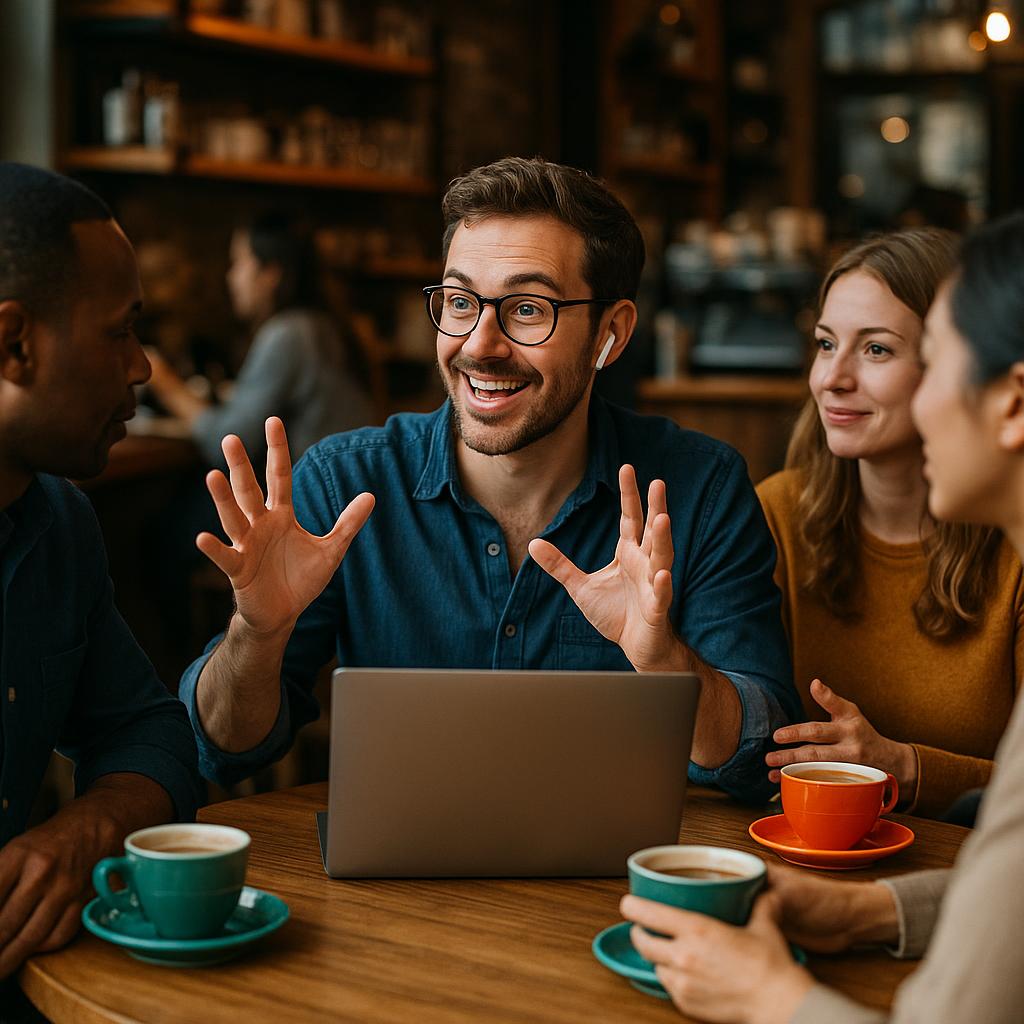 A bustling coffee shop scene featuring an affiliate marketer discussing strategies with merchants and consumers, highlighting collaboration in a digital environment.