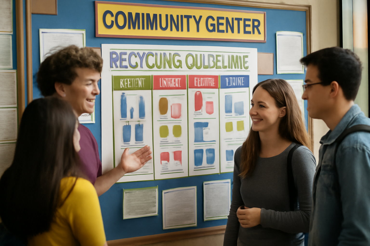 Community center bulletin board showcasing colorful local recycling guidelines with students engaging in discussion.