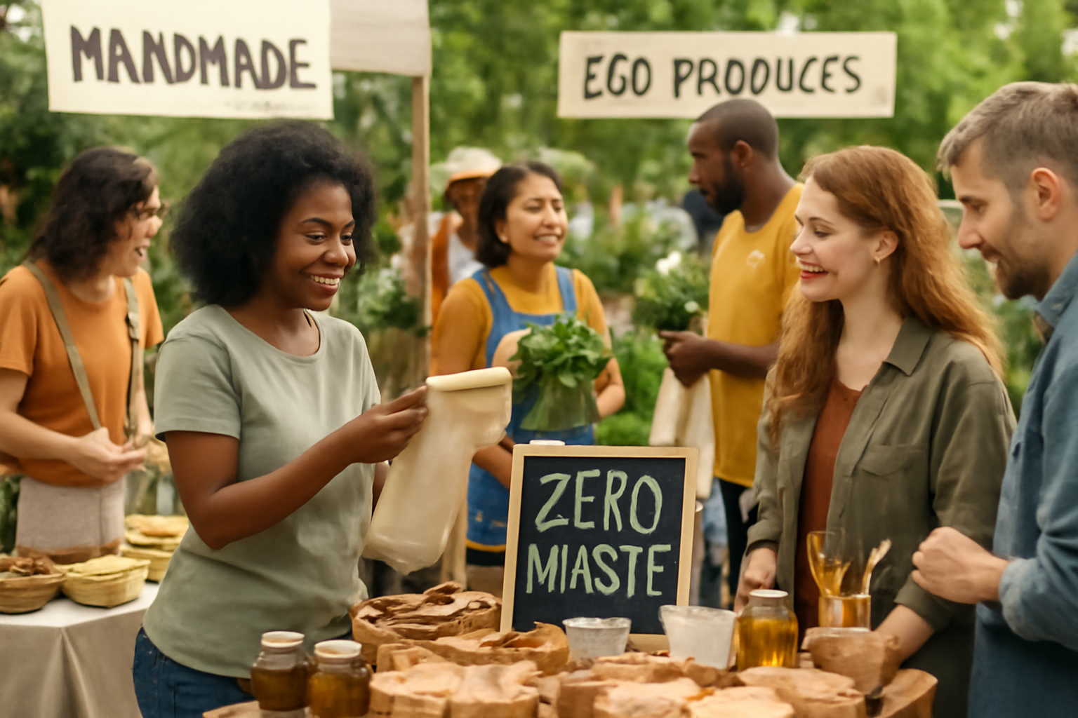 Community Event Promoting Sustainability Vibrant community event showcasing local vendors promoting sustainable products and reducing waste.