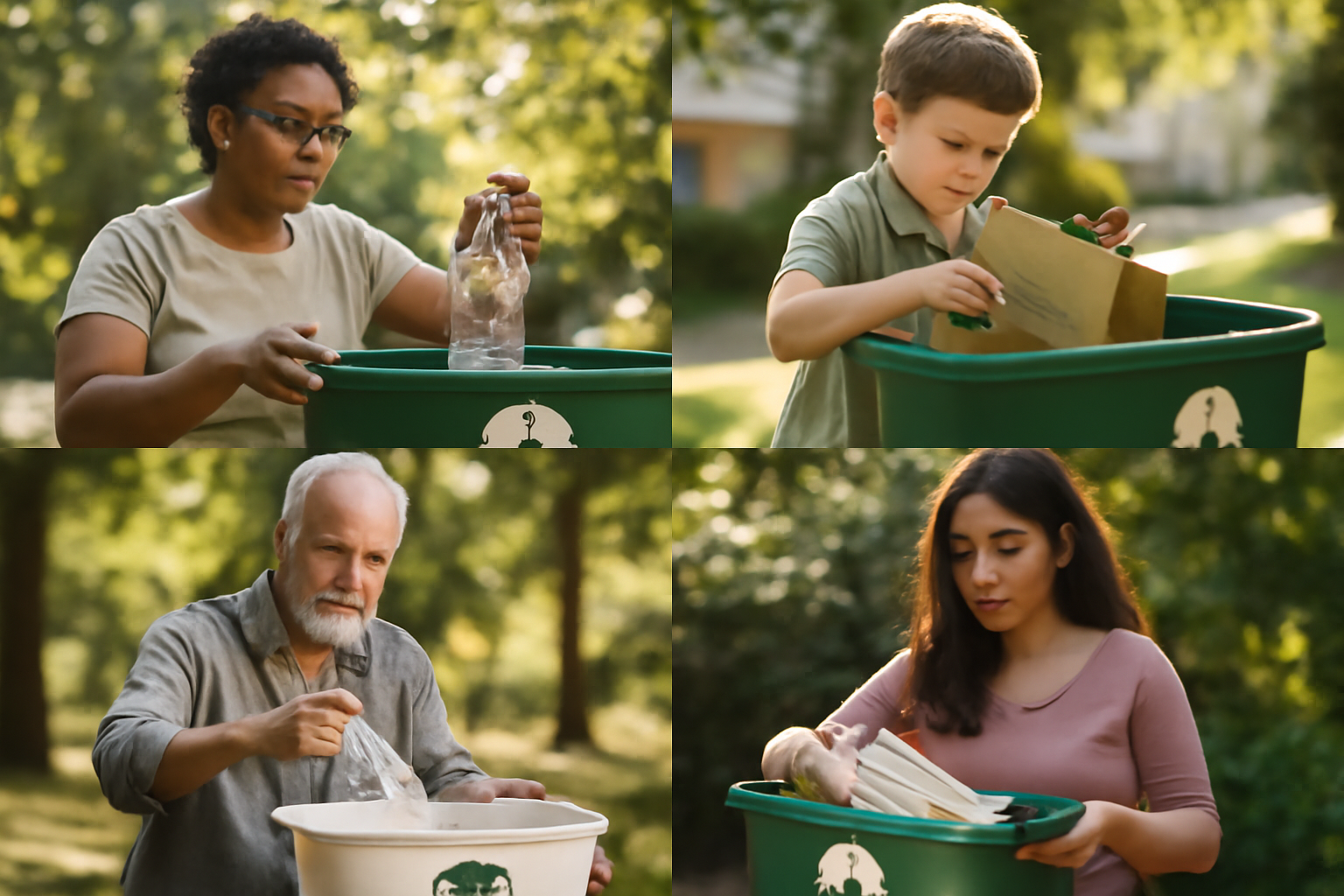 Community members engaged in responsible recycling practices under sunlit trees, showcasing environmental stewardship.
