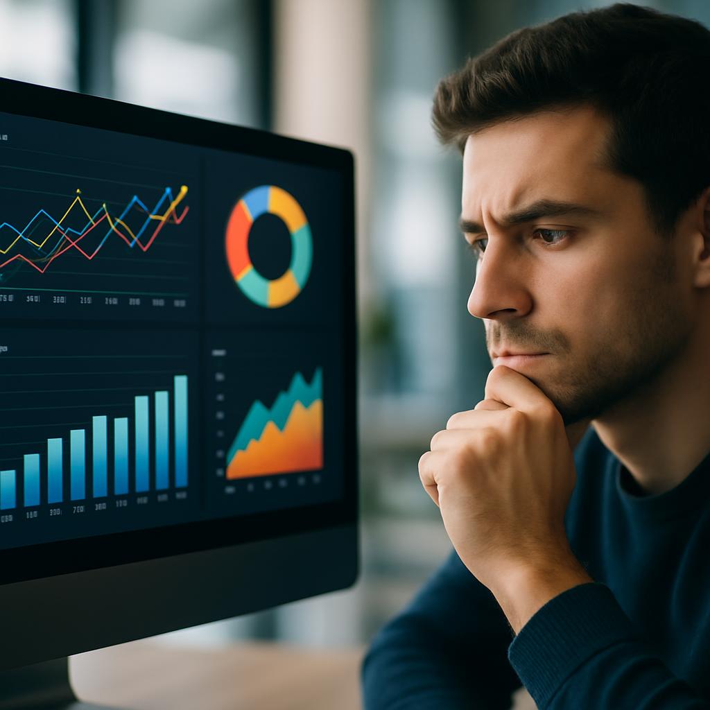 Close-up of a computer screen showing complex data analytics and colorful graphs, with a person thoughtfully contemplating decisions in an office setting.