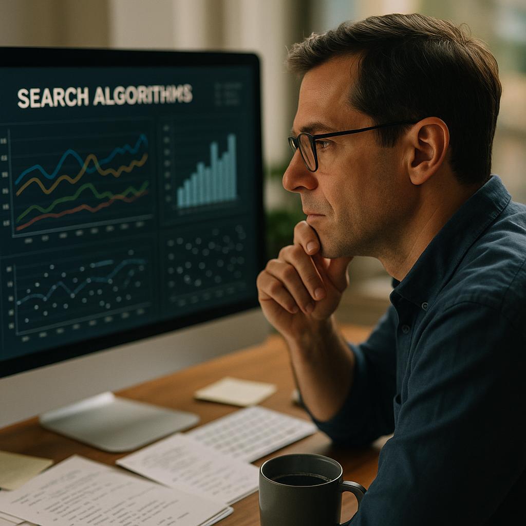 Close-up of a computer screen with search engine algorithms, a person analyzing data, surrounded by notes and a coffee cup, showcasing data analysis and SEO strategies.