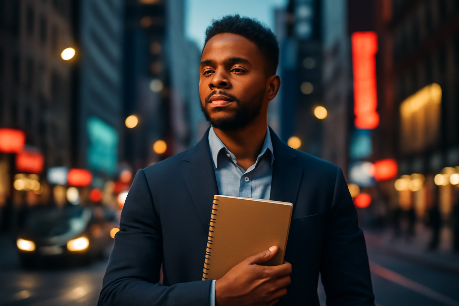 Person standing confidently with a notebook in hand in front of a vibrant cityscape, representing the journey to becoming a writer.