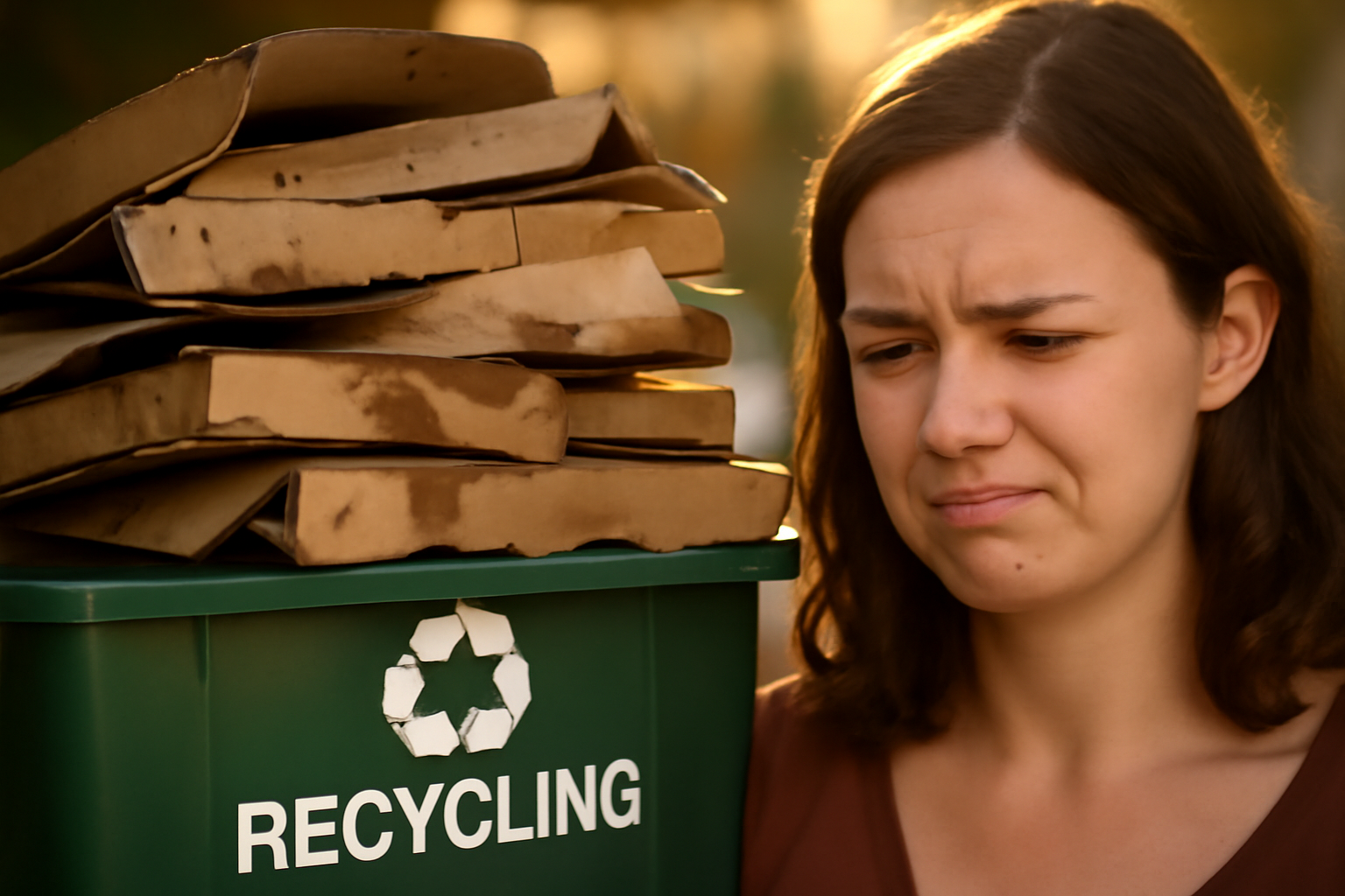 Close-up of a recycling bin overflowing with contaminated items, including greasy pizza boxes, highlighting the issue of improper recycling practices.