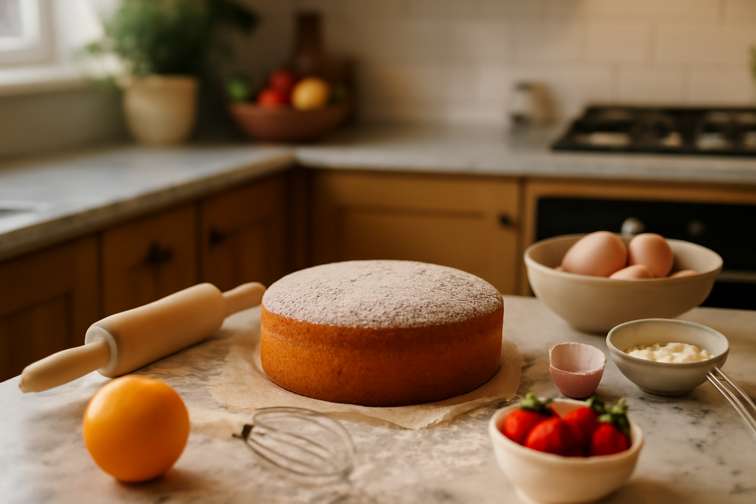 Warm home kitchen with a freshly baked cake and baking tools, ideal for cooking enthusiasts.