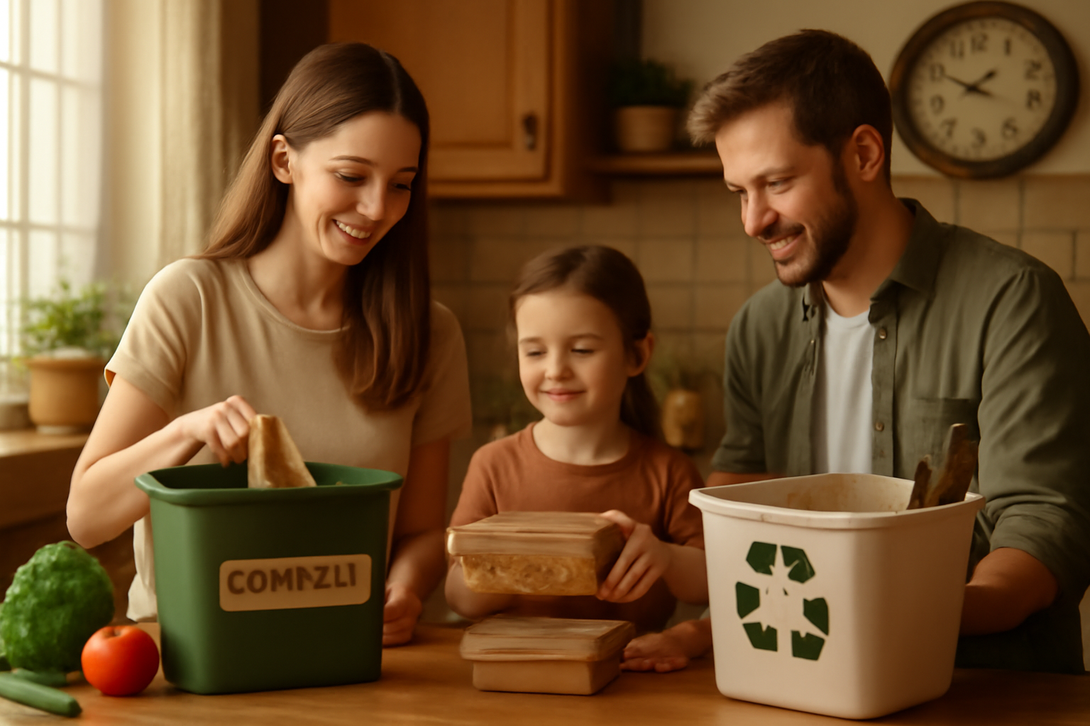 Family Engaging in Sustainable Cooking Practices in a Cozy Kitchen A cozy kitchen where a family is composting, sorting recyclable materials, and preparing meals with reusable containers.