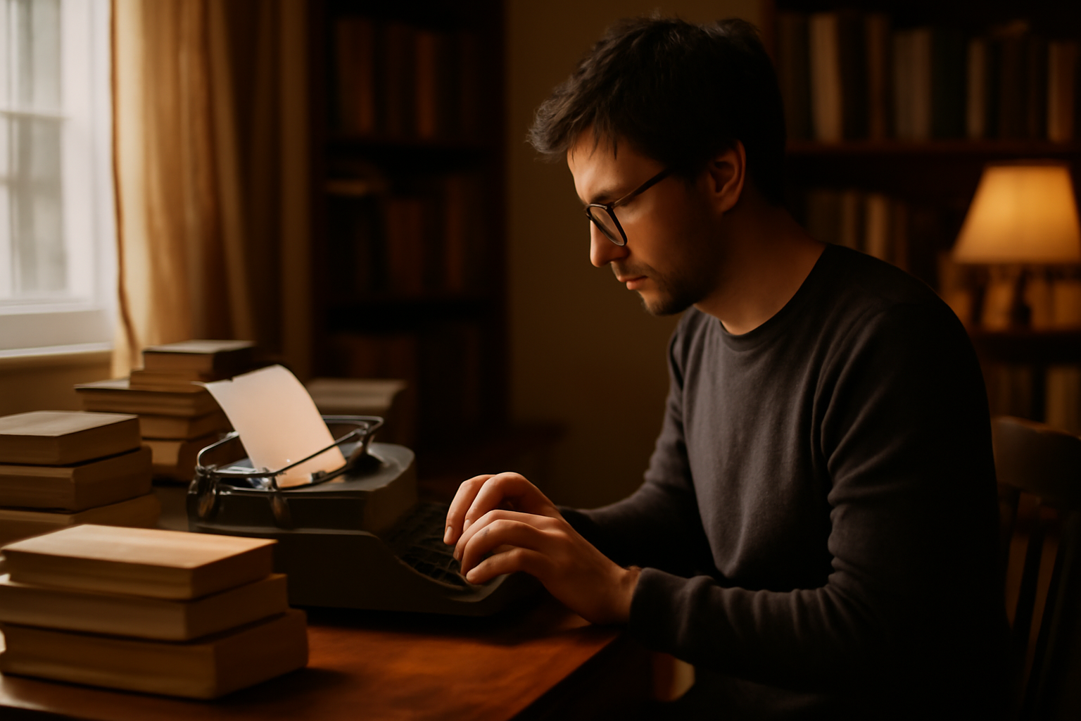 A cozy writer's room featuring a typewriter and a stack of books, illustrating daily writing routines.