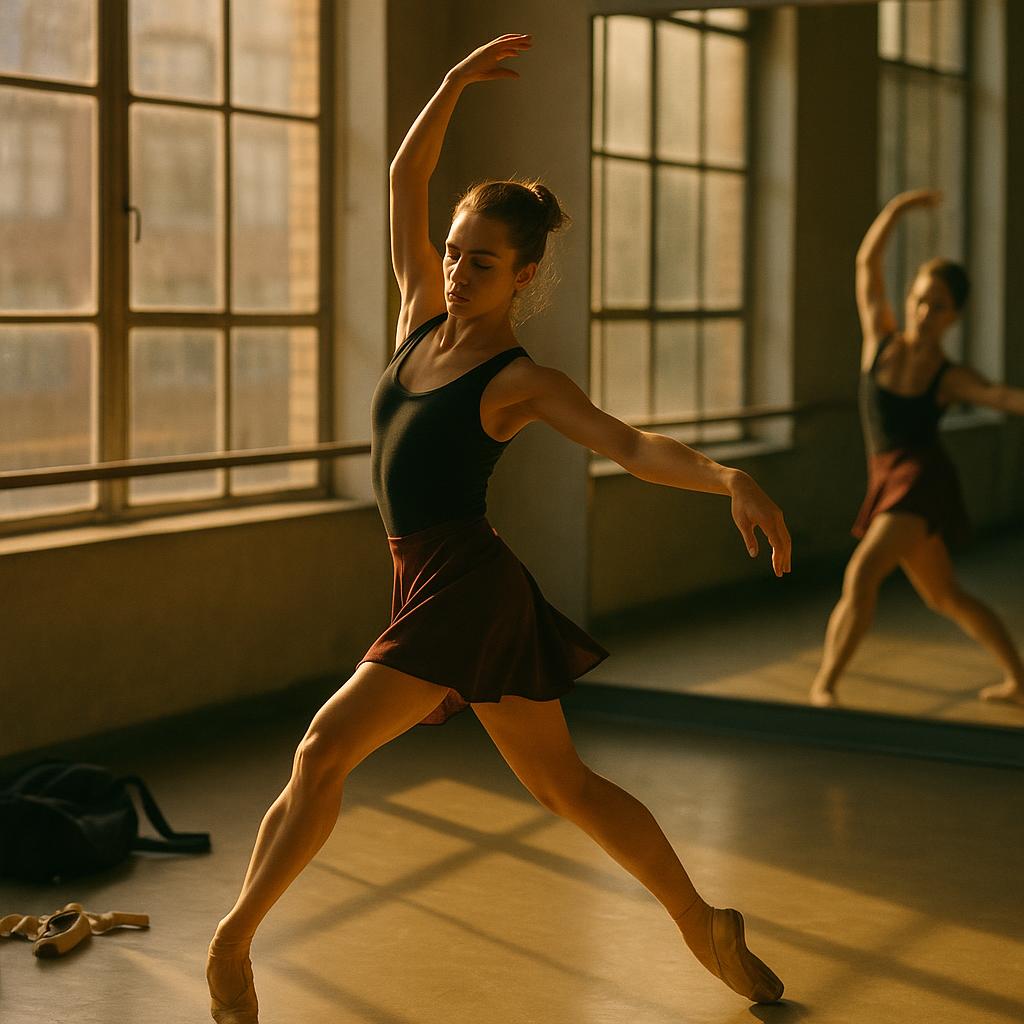 Dancer practicing in a sunlit studio, showing dedication and skill, with a mirror reflecting their movements and surrounded by dance equipment.