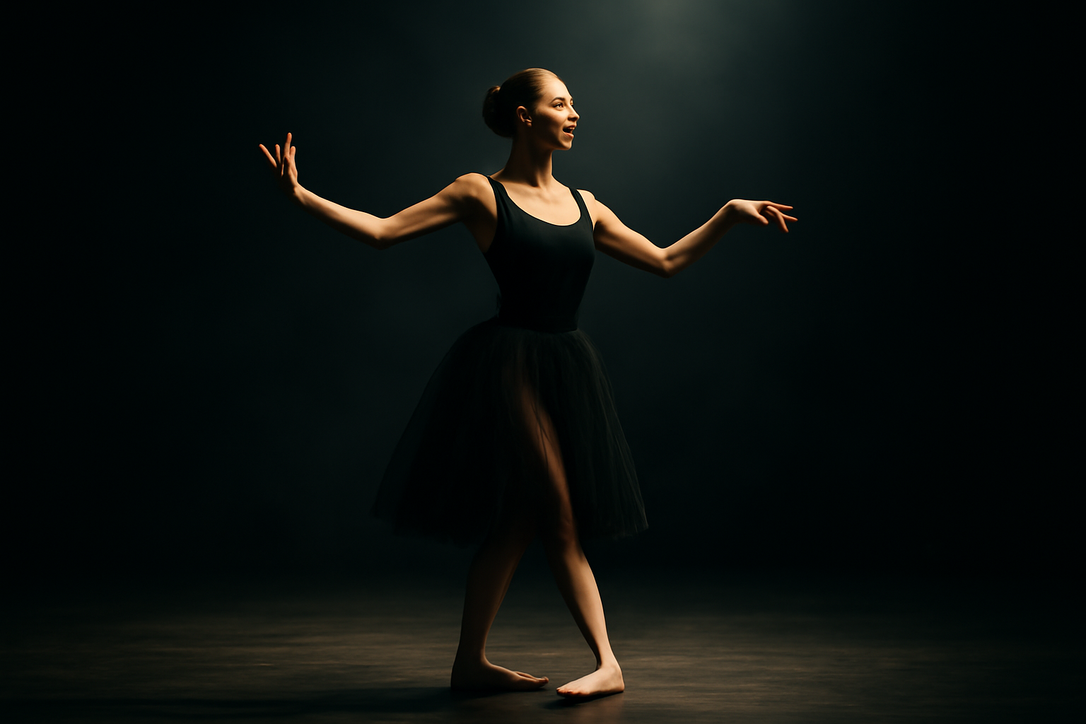 A dancer in mid-pose displaying strong posture and expressive arms, illuminated by a spotlight on a dark stage.