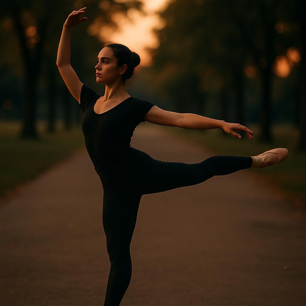 Dancer practicing alone in a quiet park at dusk, showing determination and confidence.