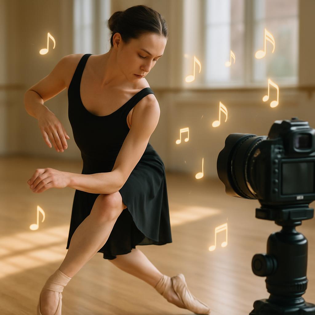 Dancer practicing footwork in a sunlit studio with glowing music notes.