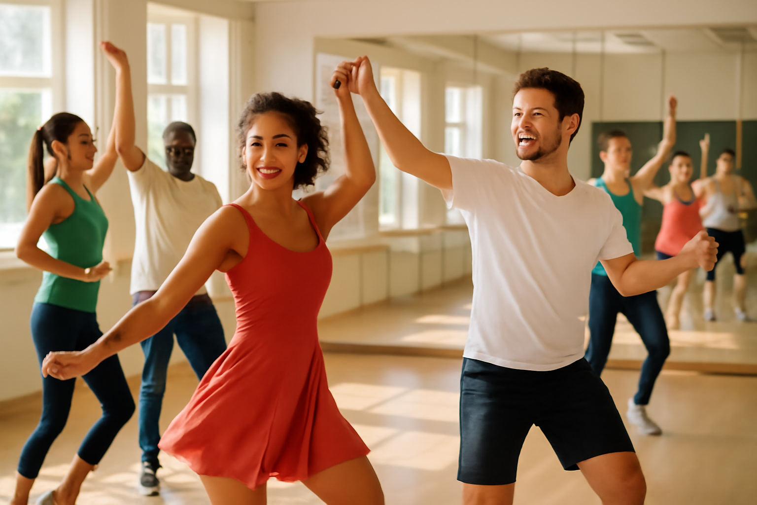 Group of dancers practicing synchronized steps in a bright dance studio with mirrors.