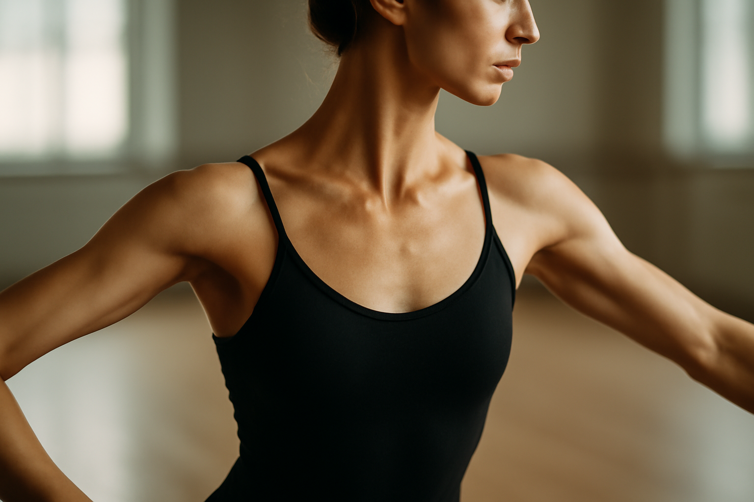 Close-up of a dancer's torso and shoulders showcasing muscle movement and precision in a well-lit studio.