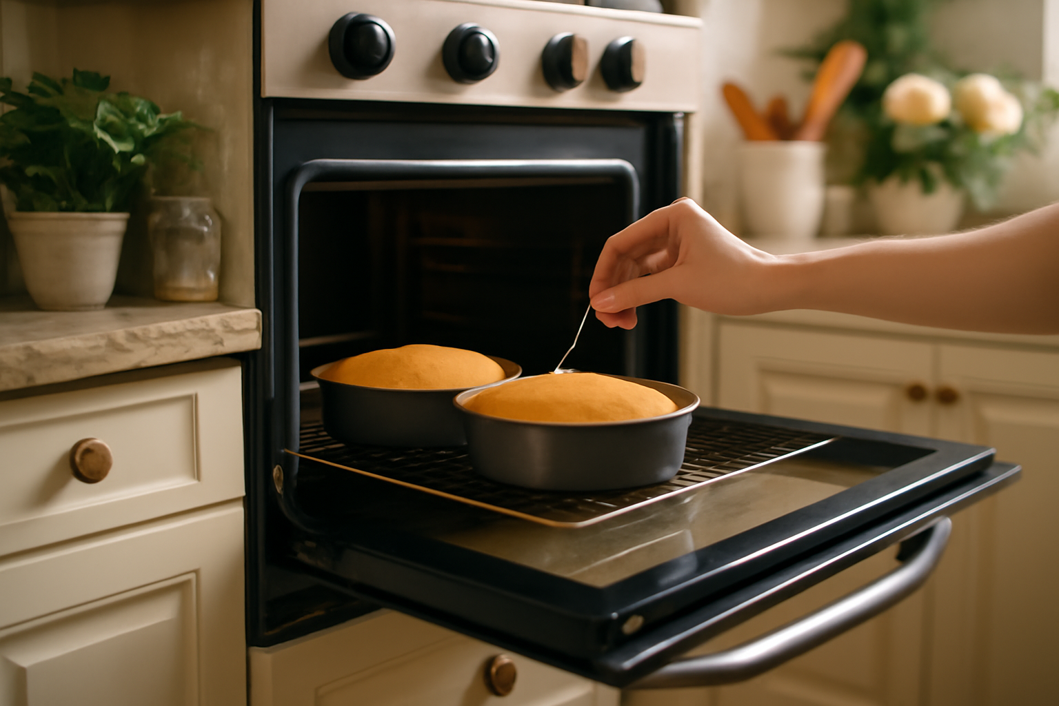 Beautifully decorated kitchen with an open oven showcasing perfectly placed cakes and a toothpick being tested.