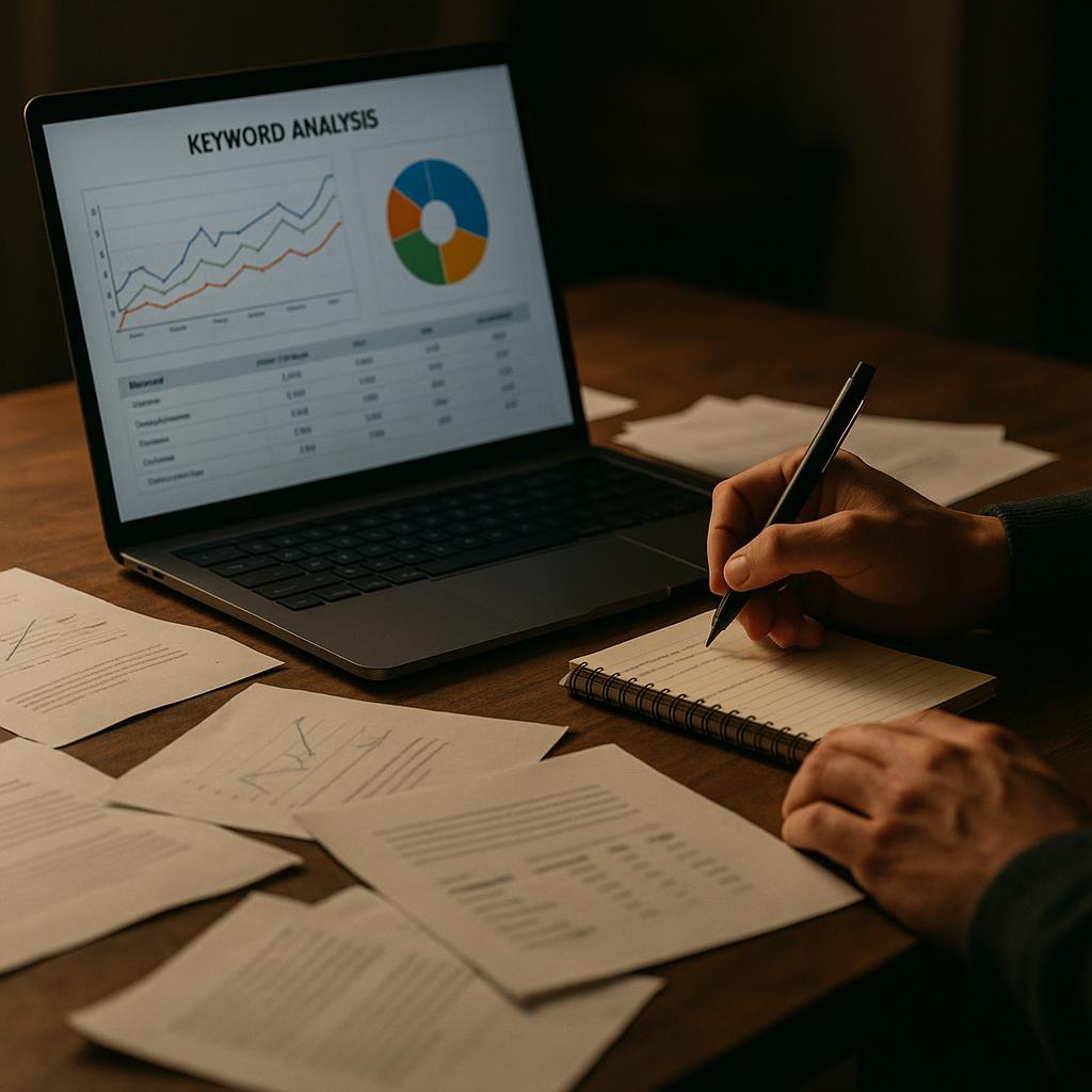 A cluttered desk with papers, a laptop showing keyword analysis software, and a person writing notes.