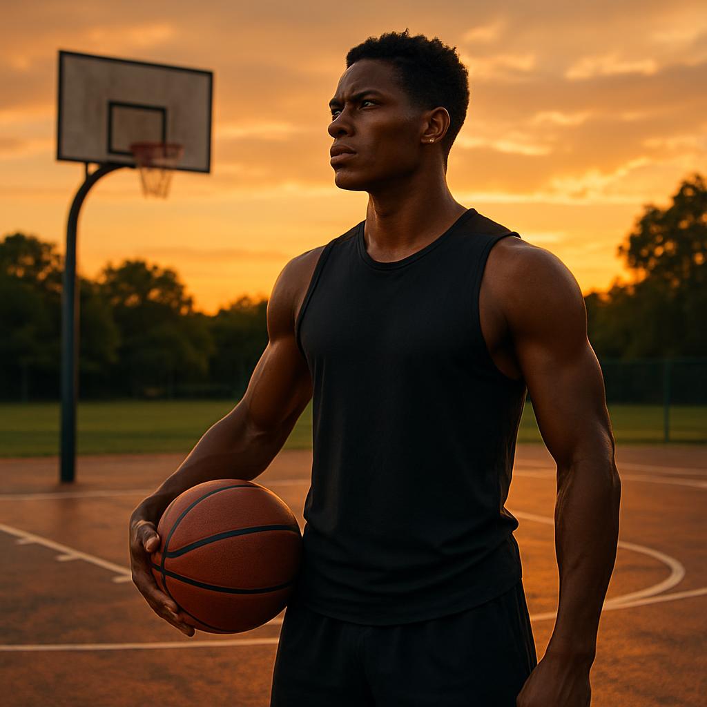 Determined basketball player on court at sunset, symbolizing future aspirations.