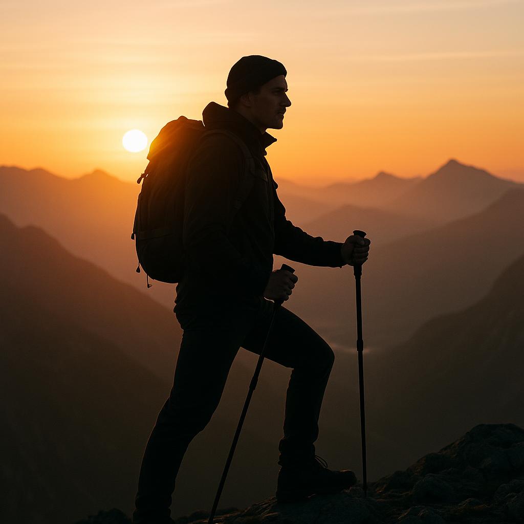 Hiker on mountaintop at sunrise with colorful sky and landscape view