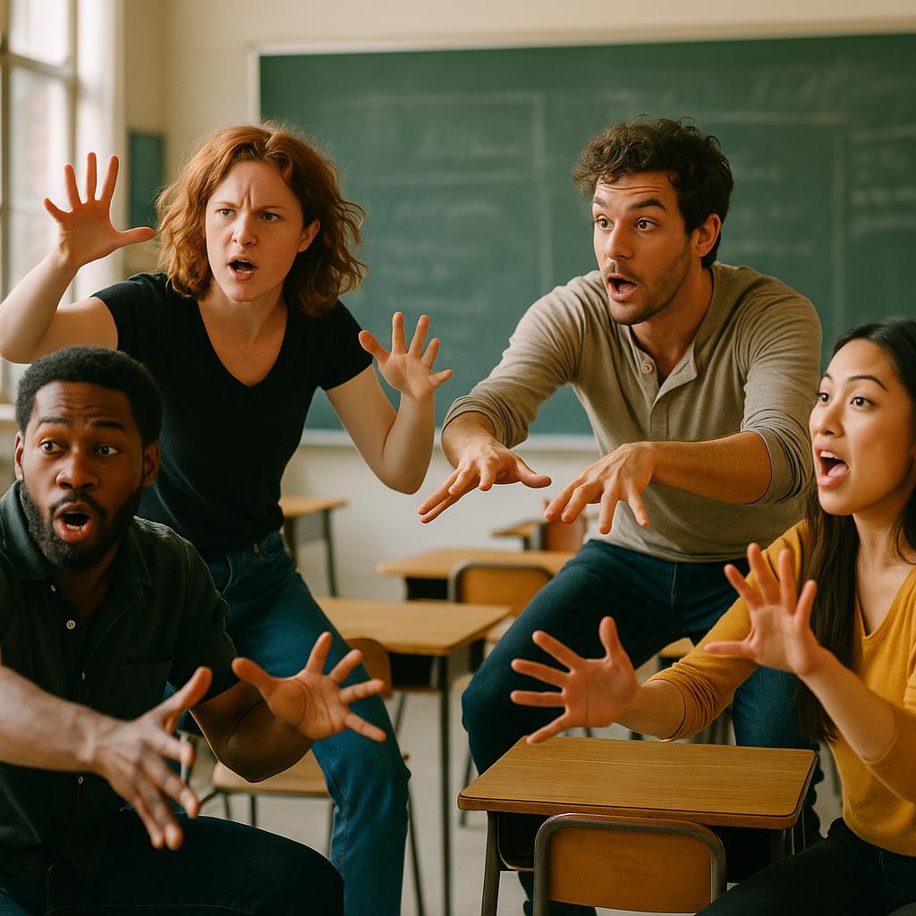 Diverse group of actors participating in a physical acting exercise in a classroom, demonstrating focus and energy.