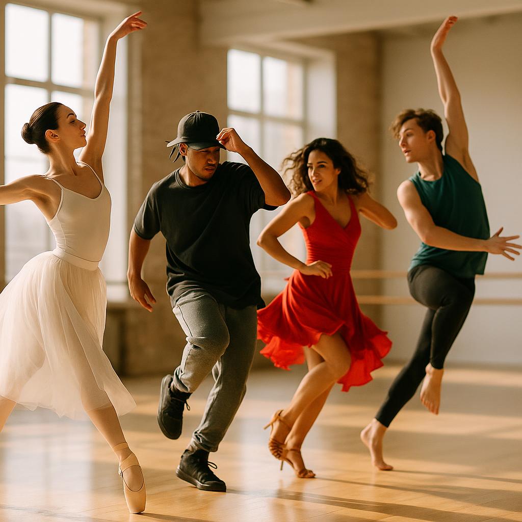 A vibrant collage of dancers showcasing ballet, hip-hop, salsa, and contemporary styles in an open studio, highlighting diverse movements and costumes.