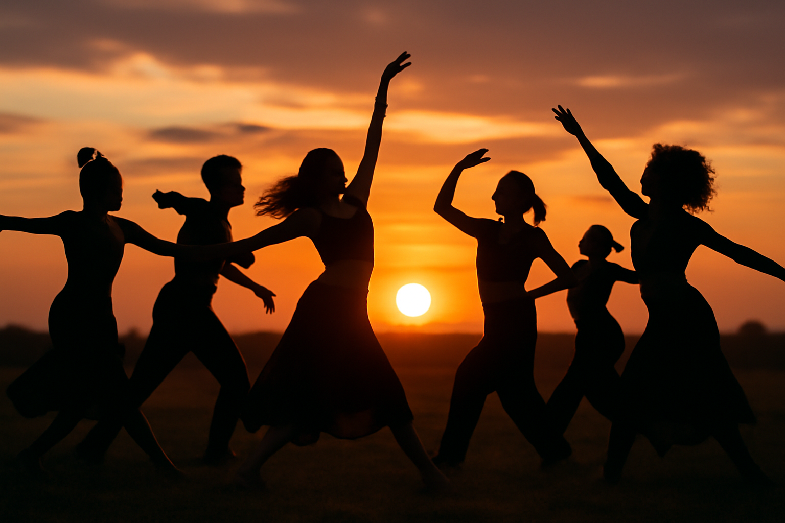 A diverse group of dancers performing together at sunset, showcasing unity and emotional expression in an outdoor setting.
