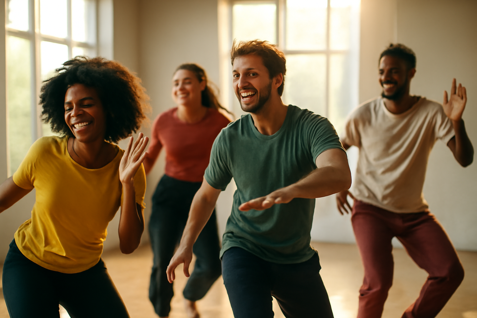 Diverse group of people dancing joyfully in a sunlit studio, showcasing rhythm and connection.