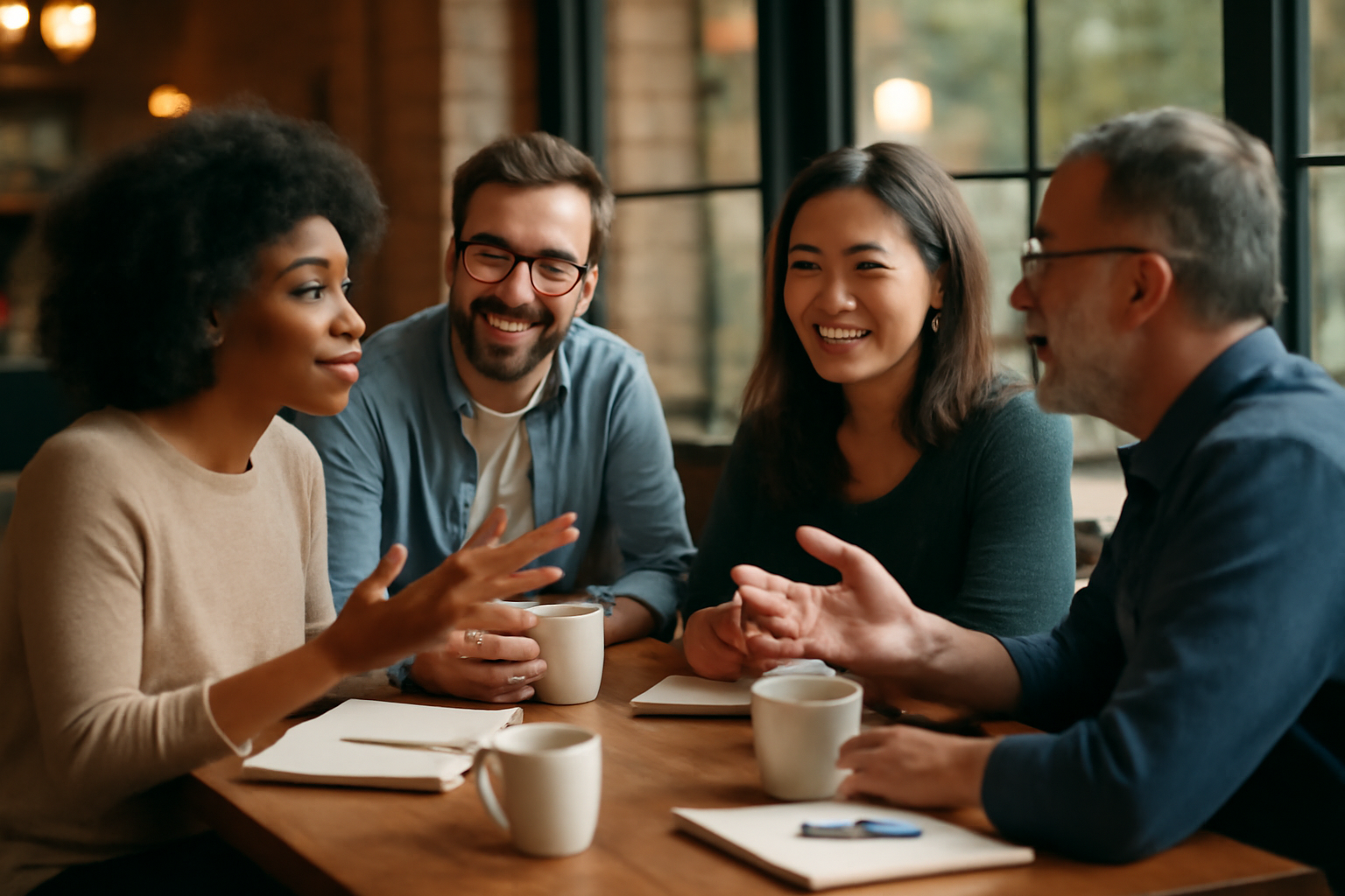 Diverse Group Collaboration in Coffee Shop A diverse group of people in a cozy coffee shop engaging in collaborative discussions with notebooks and coffee cups.