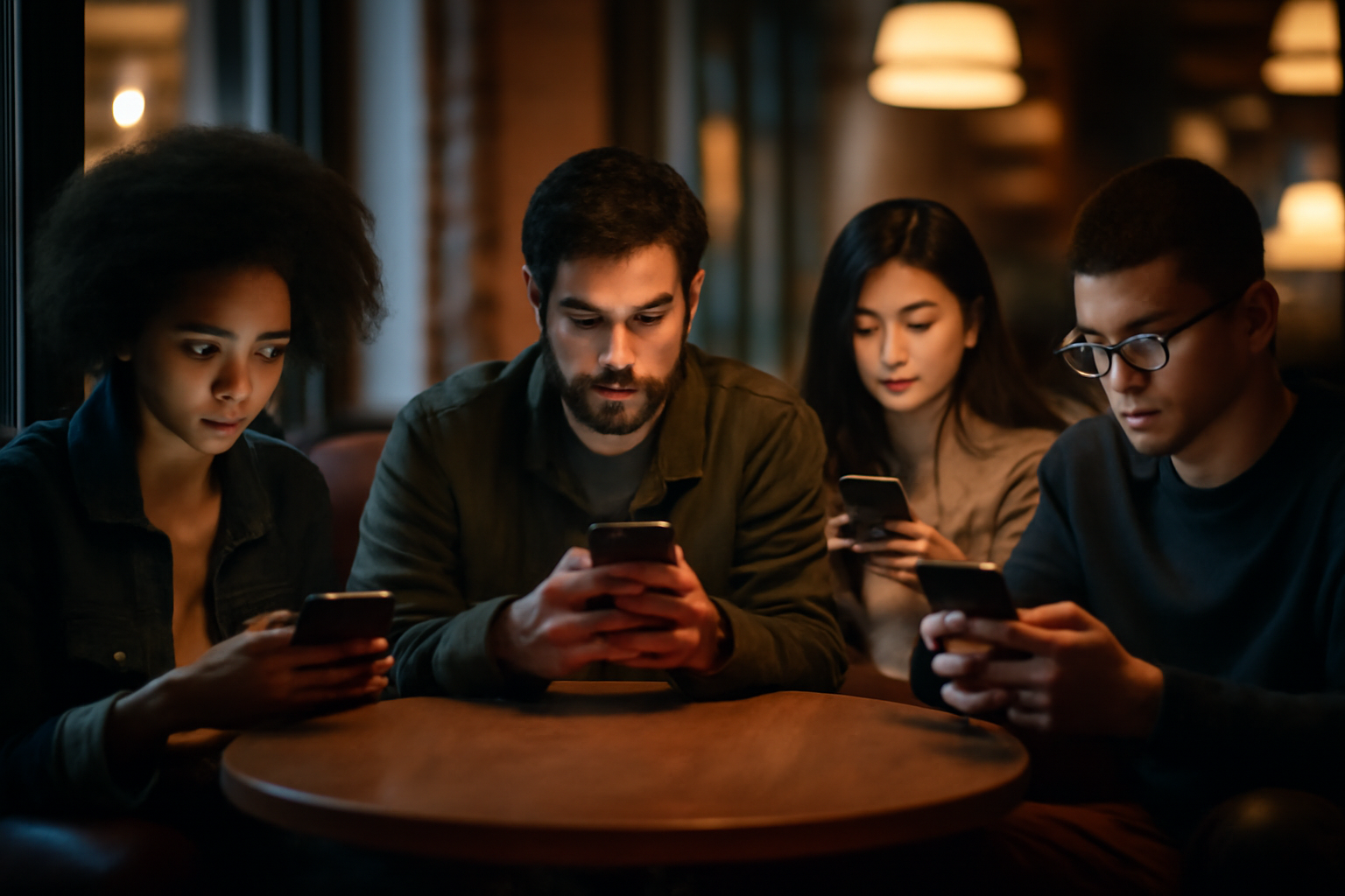 Diverse group of people interacting with smartphones in a cozy café, showcasing personalized social media feeds.
