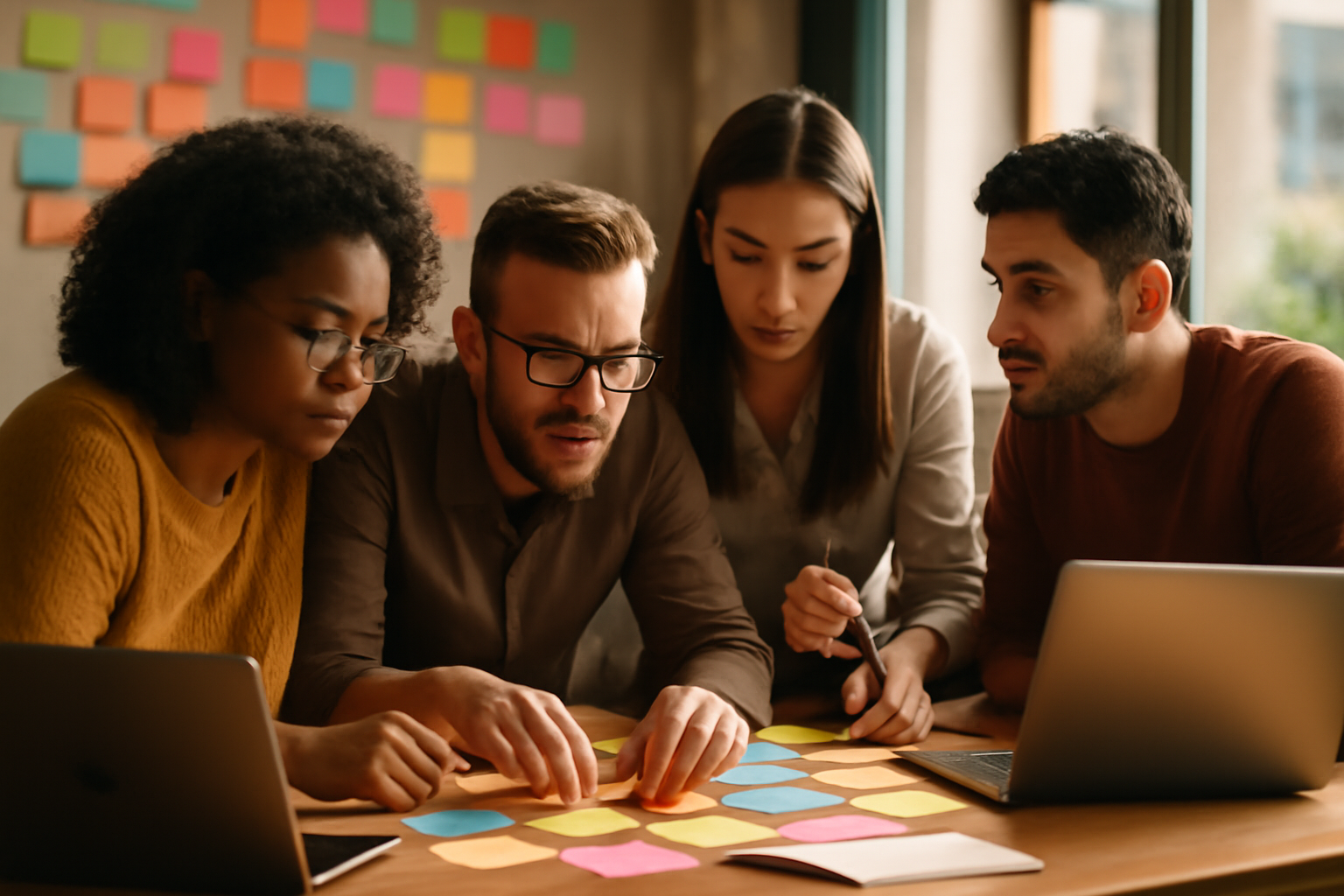 Diverse Marketers Brainstorming Session A diverse group of marketers collaborating in an engaging brainstorming session with sticky notes and laptops in a cozy workspace.