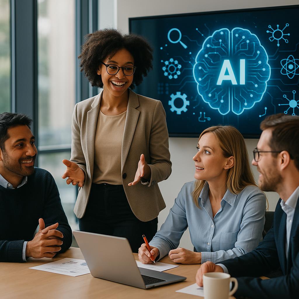 Diverse group of professionals brainstorming with futuristic AI concepts on display in a bright conference room.