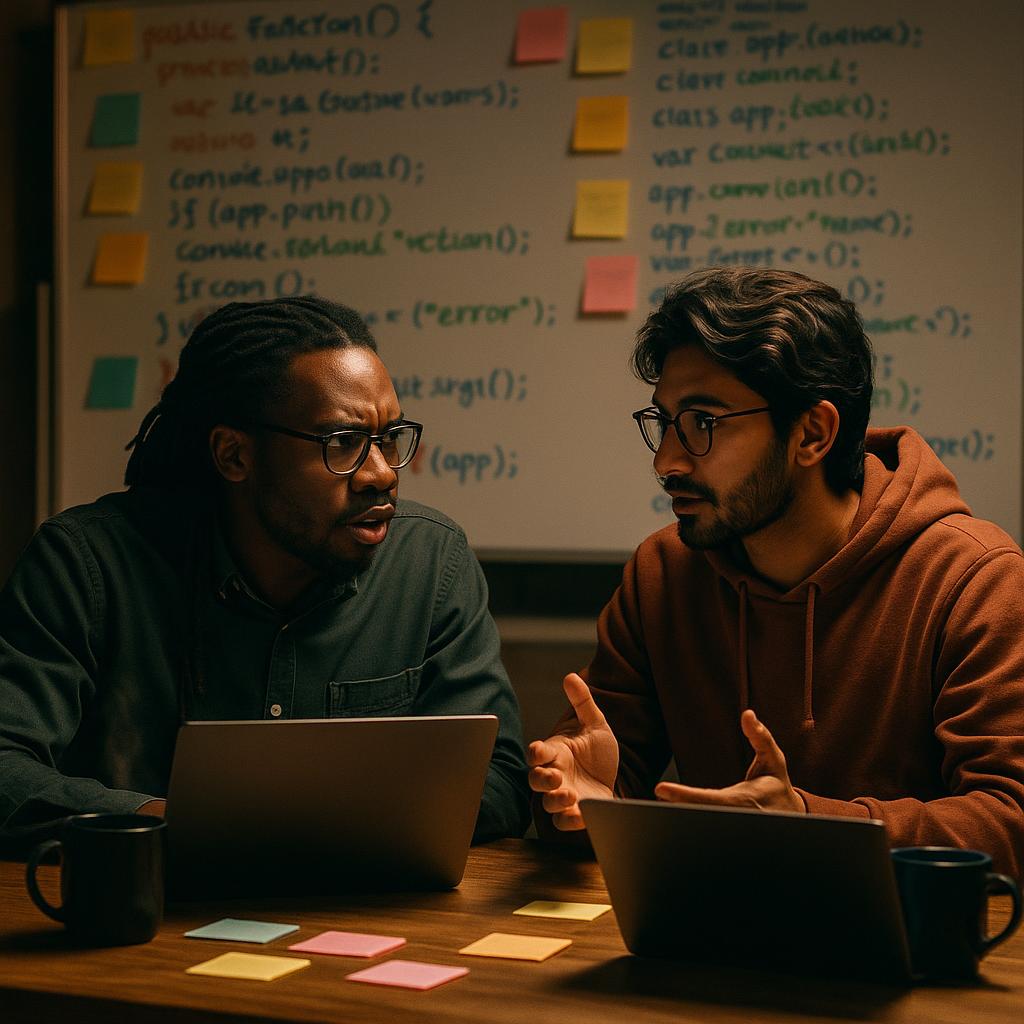 Two diverse programmers sharing ideas at a table over a laptop with sticky notes and coffee cups, collaborating on coding concepts.