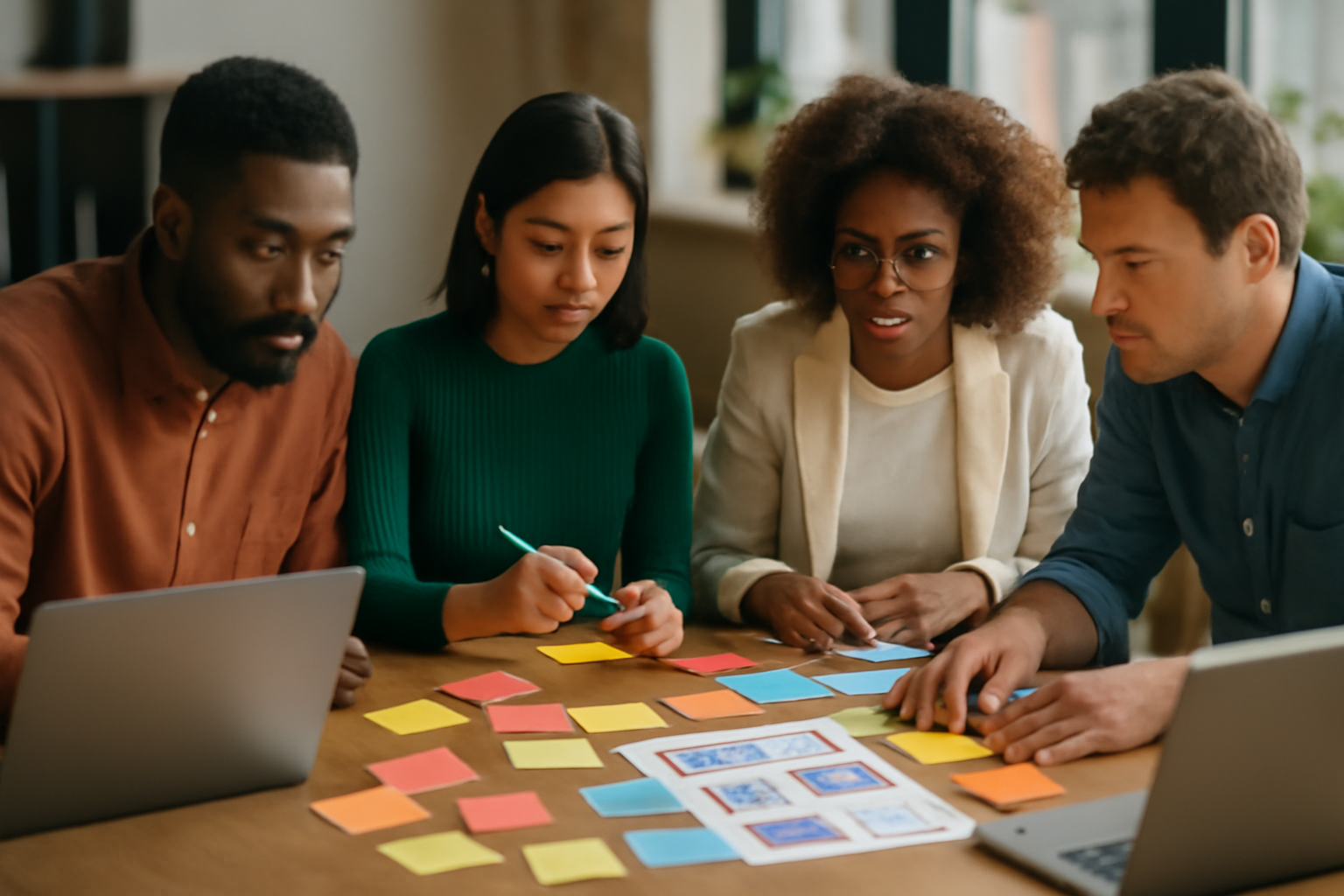 Close-up of a diverse team collaborating around a table with digital marketing materials and sticky notes.